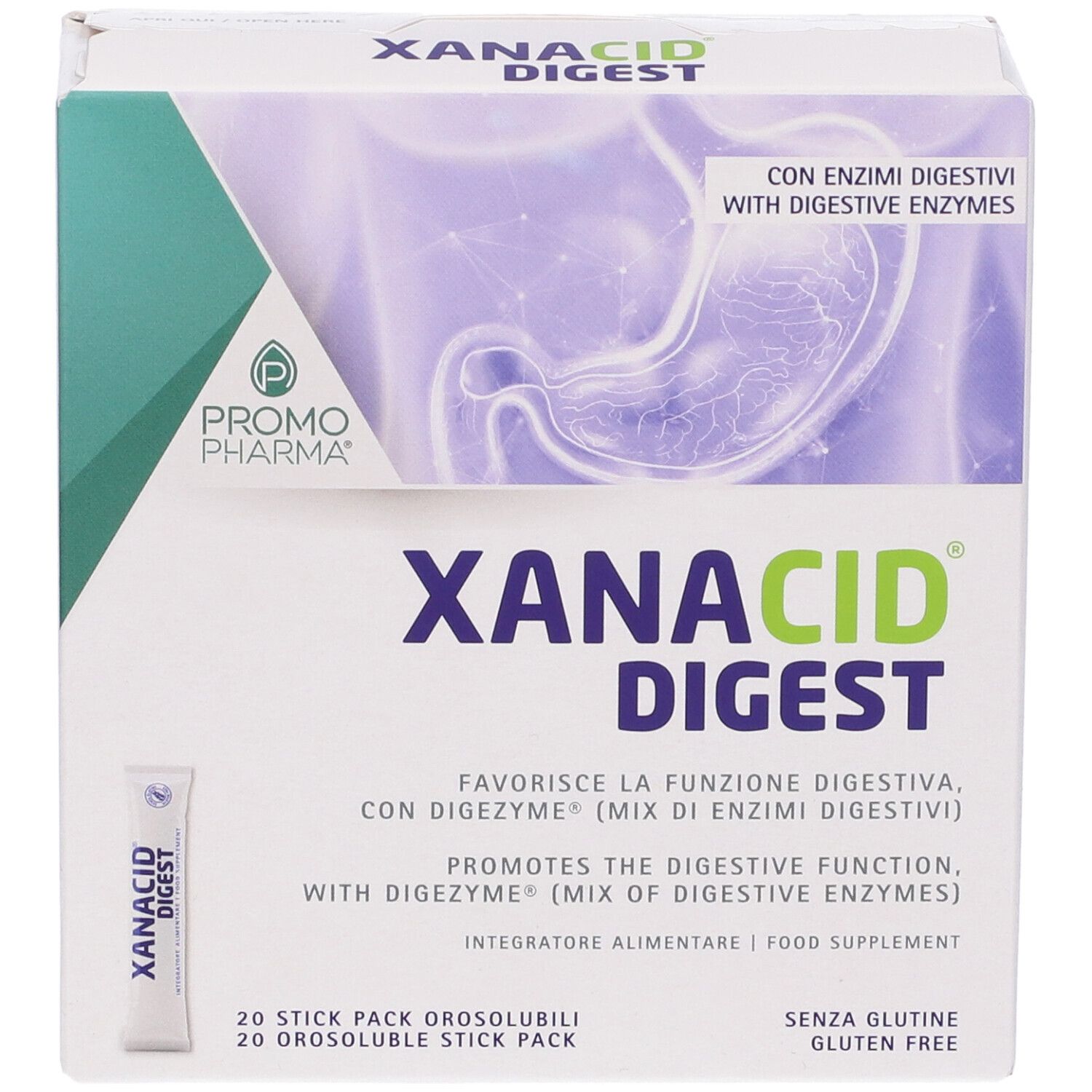 Confezione di Xanacid Digest. Contiene 20 stick pack. Scritta: "Con enzimi digestivi".