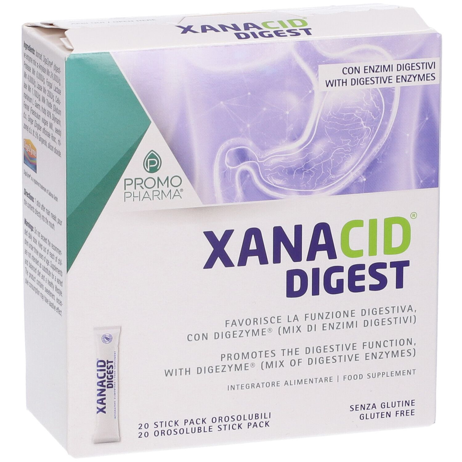 Confezione di Xanacid Digest. Contiene 20 stick pack. Scritta: "Con enzimi digestivi".