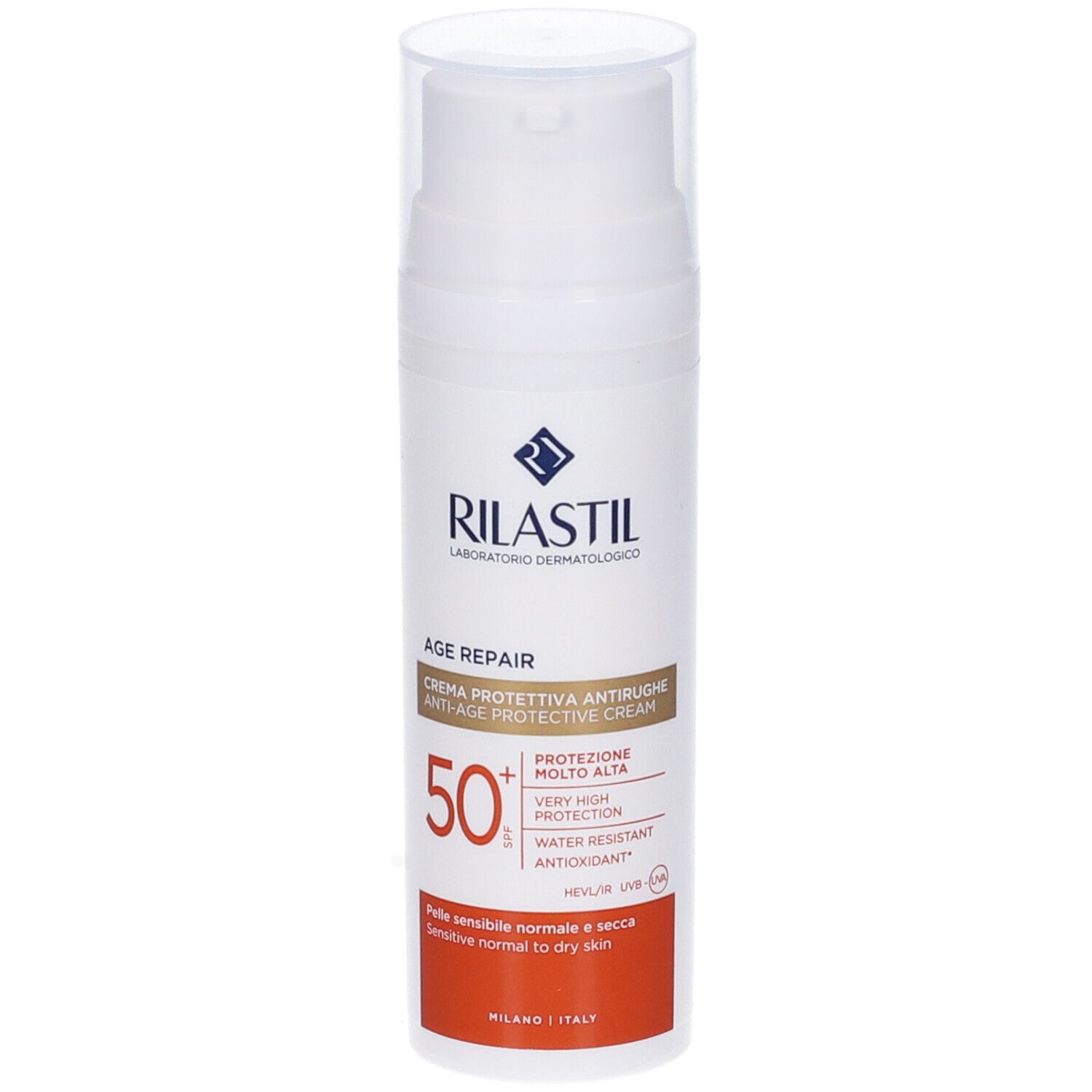 Rilastil Age Repair SPF50+ crema solare. Flacone bianco con dosatore, stampa rossa e bianca. Per pelli normali e secche.