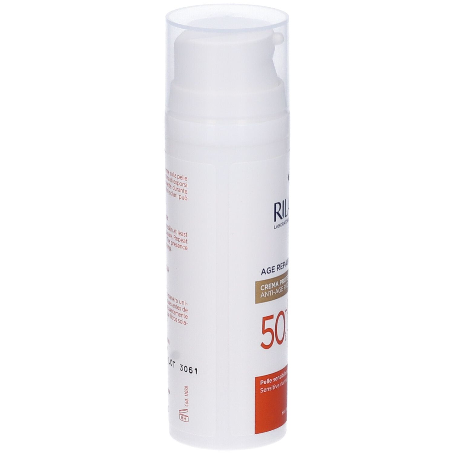 Rilastil Age Repair SPF50+ crema solare. Flacone bianco con dosatore. Informazioni e testo laterali.