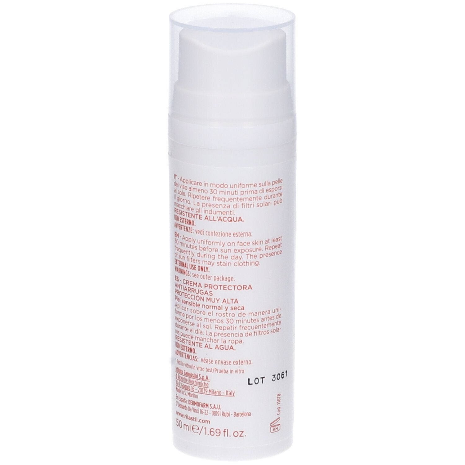 Rilastil Age Repair SPF50+ crema solare. Flacone bianco con dosatore. Retro con istruzioni multilingue.