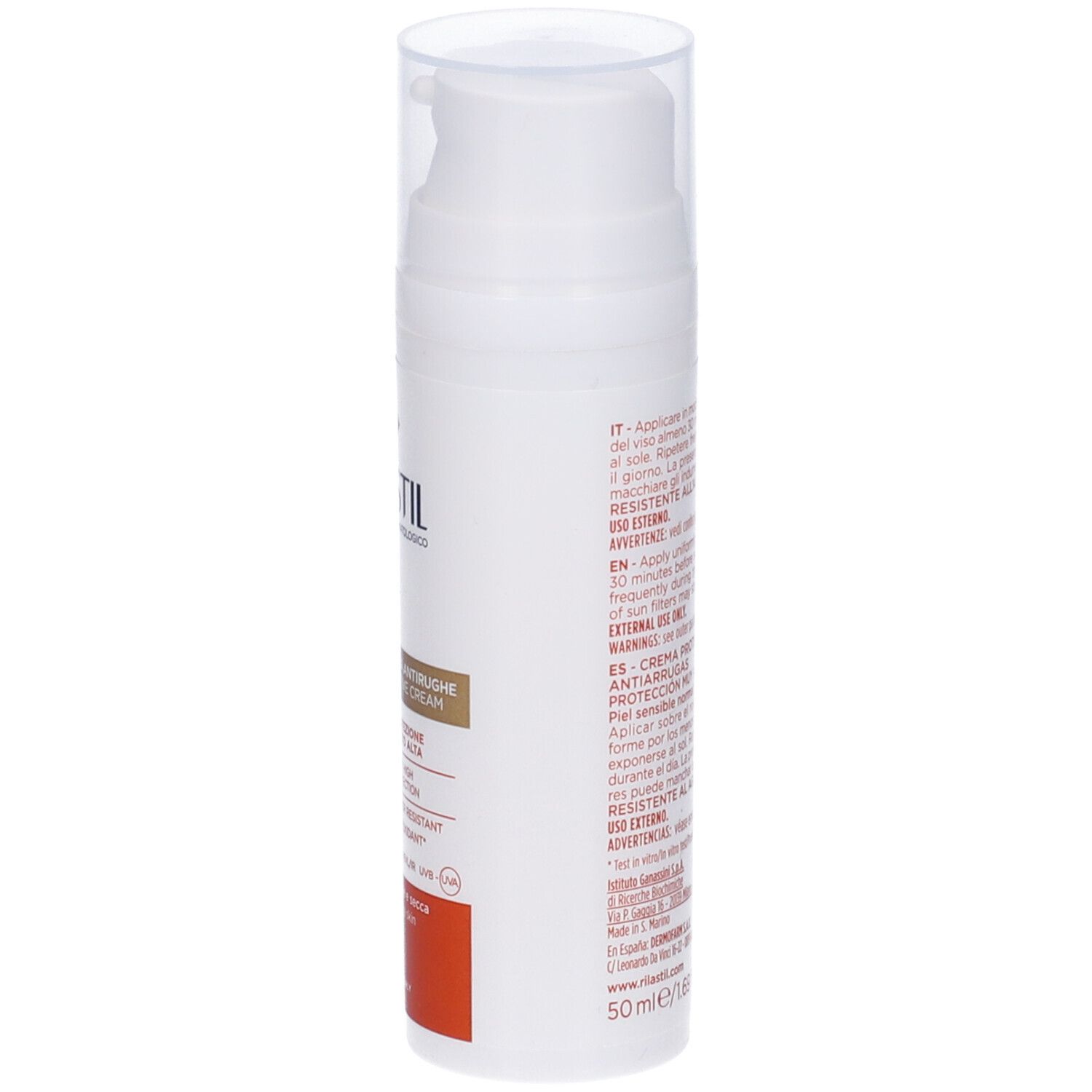 Rilastil Age Repair SPF50+ crema solare. Flacone bianco con dosatore. Retro con istruzioni multilingue.