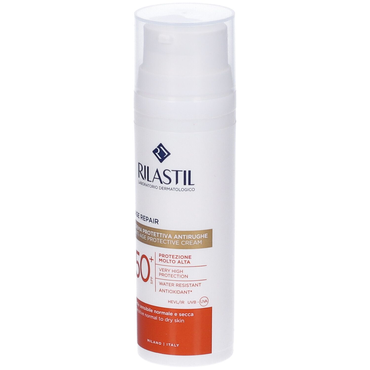 Rilastil Age Repair SPF50+ crema solare. Flacone bianco con dosatore, stampa rossa e bianca. Per pelli normali e secche.