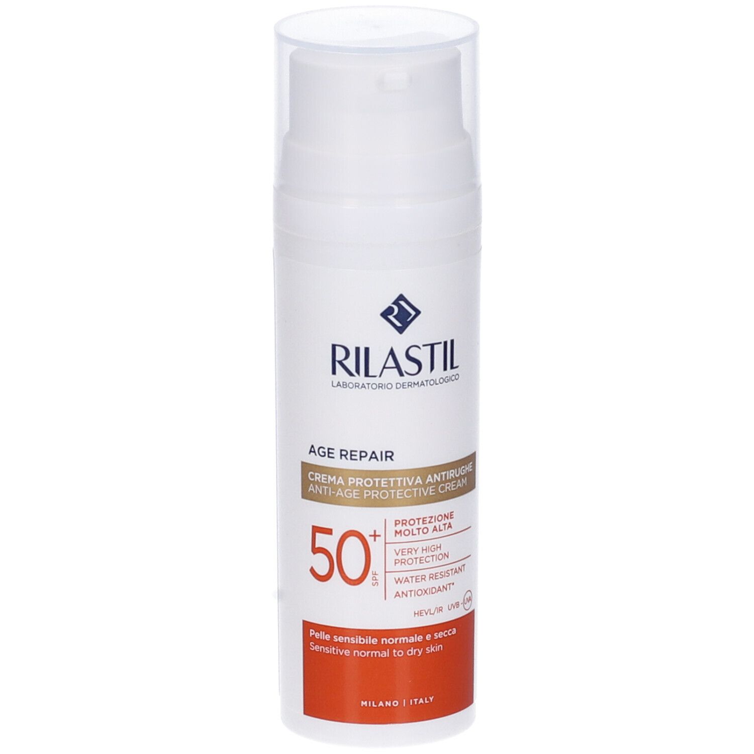 Rilastil Age Repair SPF50+ crema solare. Flacone bianco con dosatore, stampa rossa e bianca. Per pelli normali e secche.