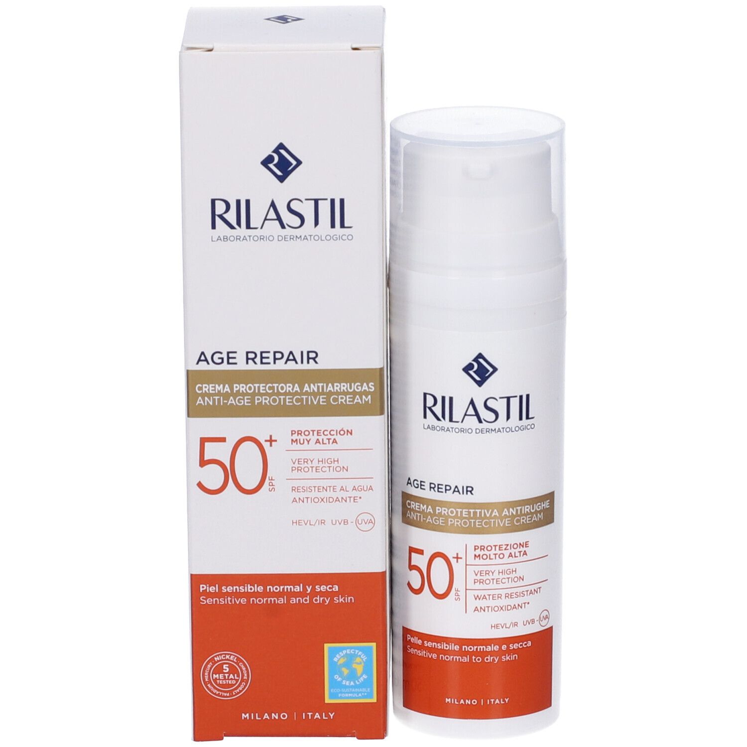 Rilastil Age Repair SPF50+ e confezione. Flacone e scatola bianchi con stampa. Per pelli normali e secche.