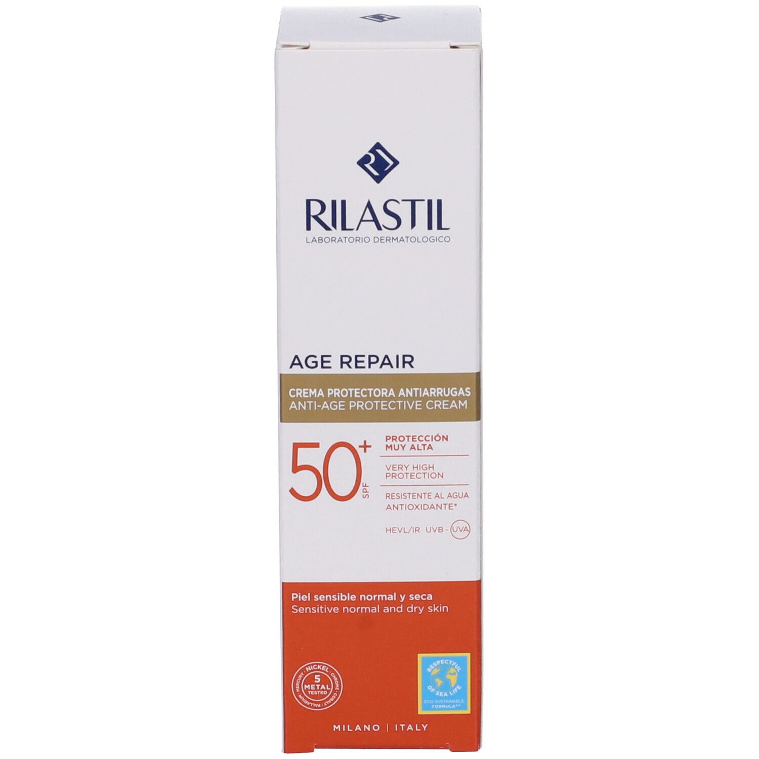 Confezione Rilastil Age Repair SPF50+. Scatola bianca con stampa. Per pelli normali e secche.