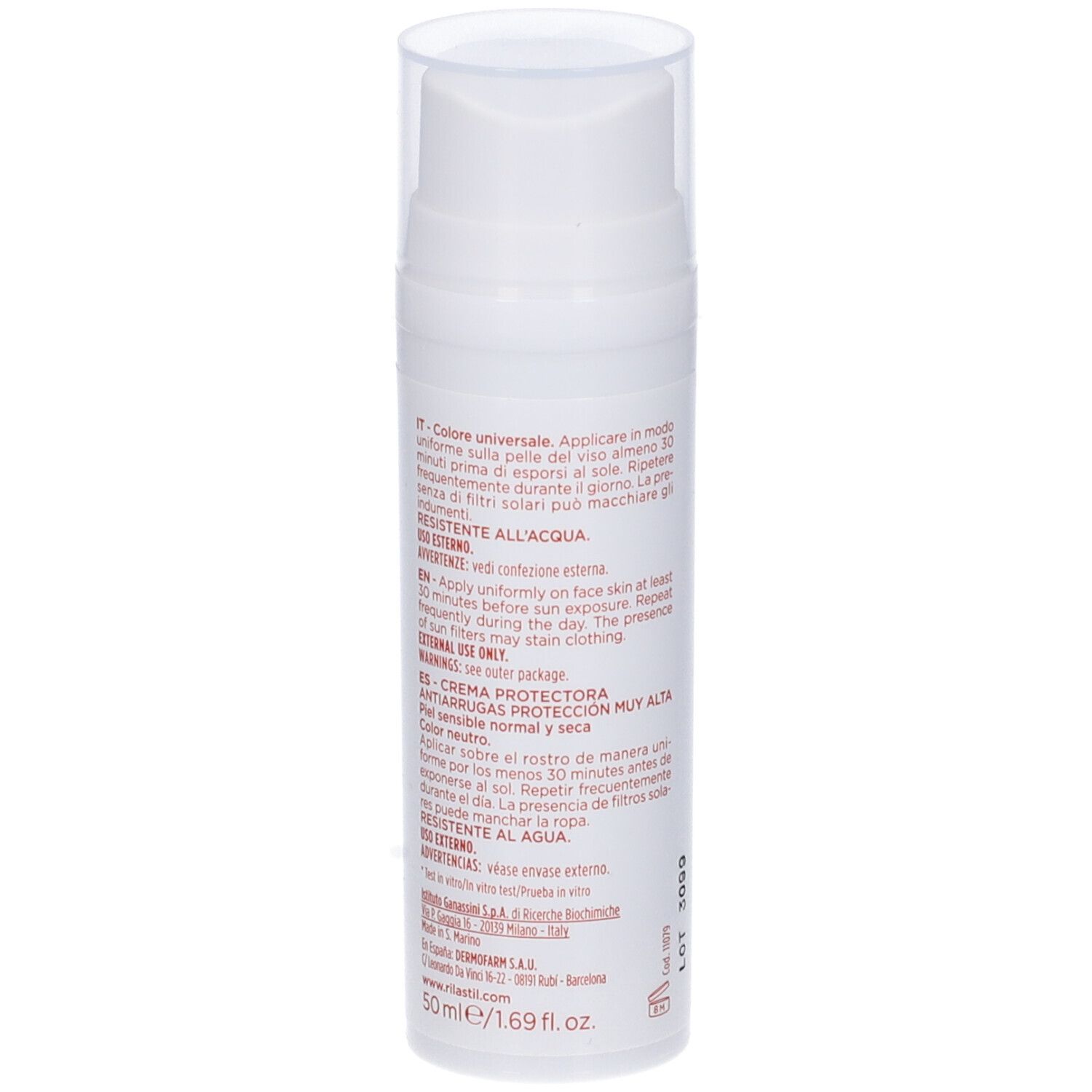 Rilastil Age Repair Sonnencreme SPF50+. Weiße Flasche mit Pumpe. Text und Informationen.