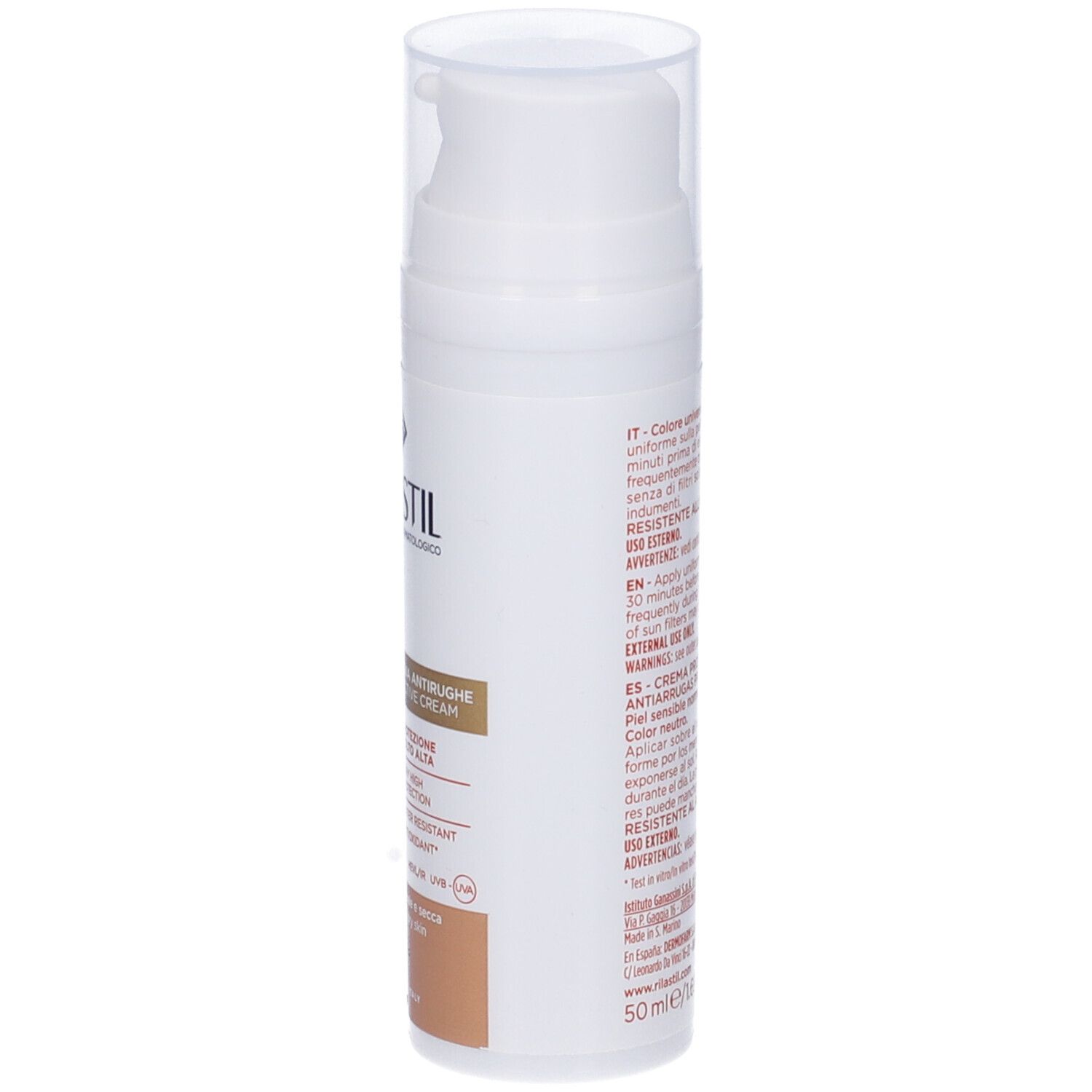 Rilastil Age Repair Sonnencreme SPF50+. Weiße Flasche mit Pumpe. Text und Informationen.