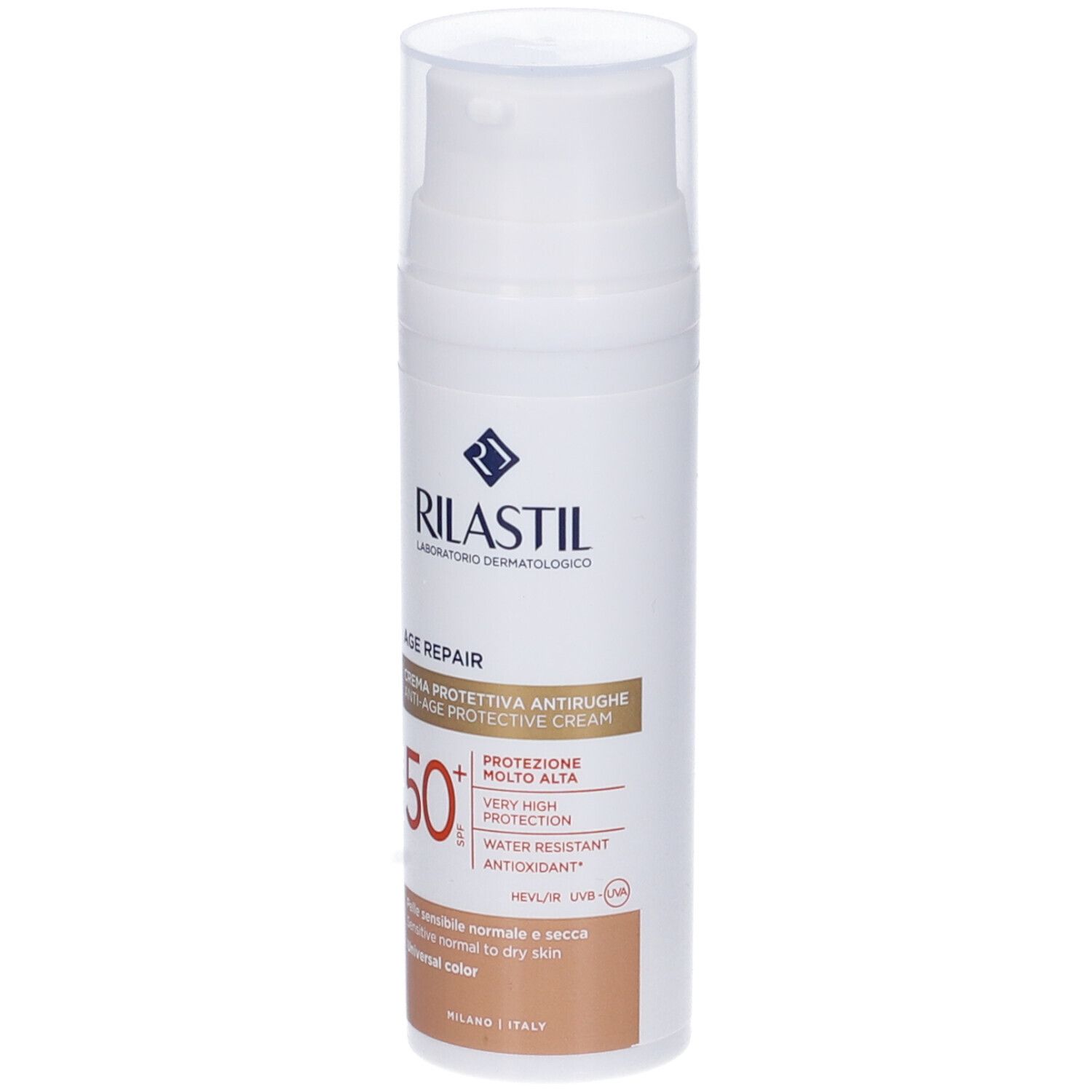 Rilastil Age Repair Sonnencreme SPF50+. Weiße Flasche mit Pumpe. Text und Logo auf der Vorderseite.