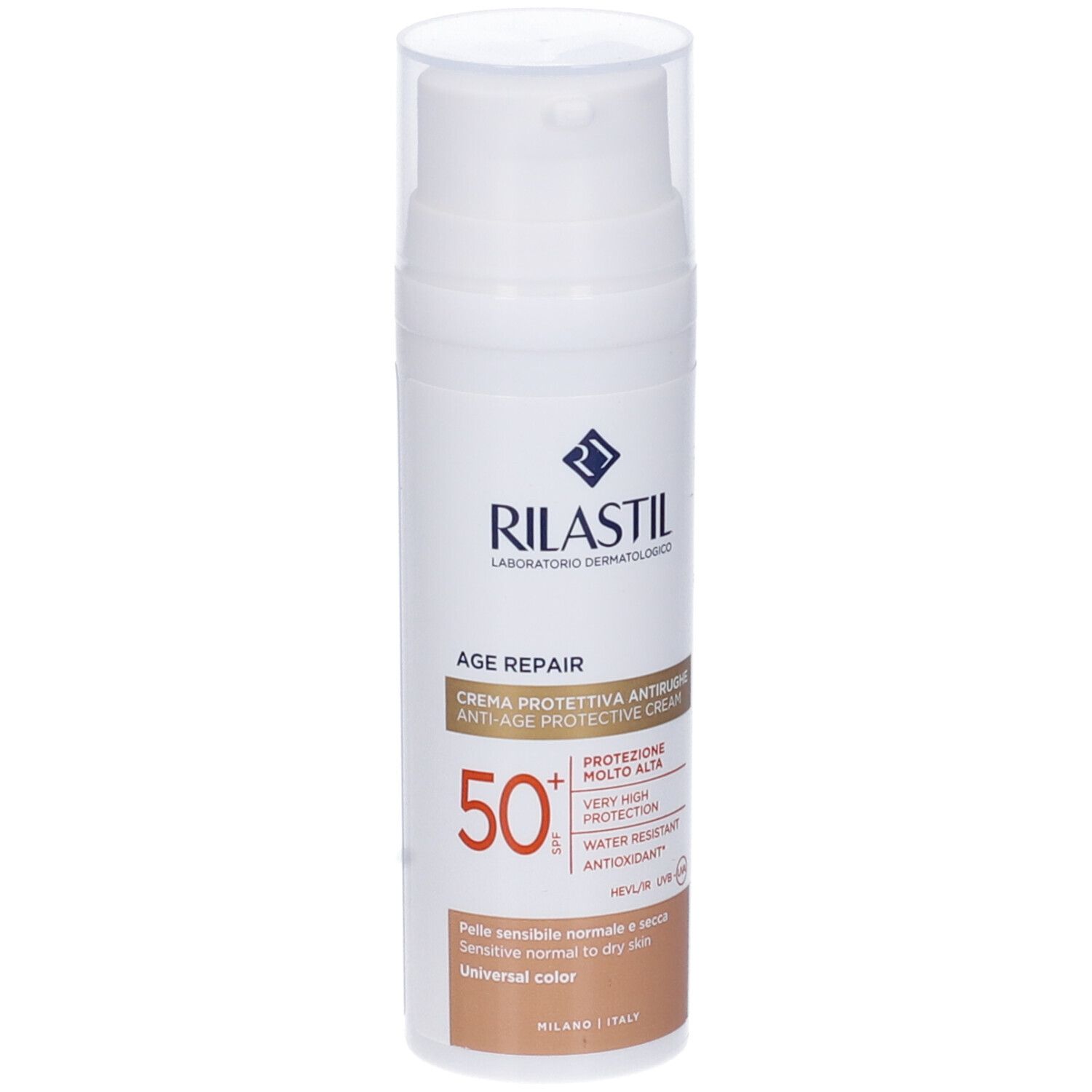 Rilastil Age Repair Sonnencreme SPF50+. Weiße Flasche mit Pumpe. Text und Logo auf der Vorderseite.