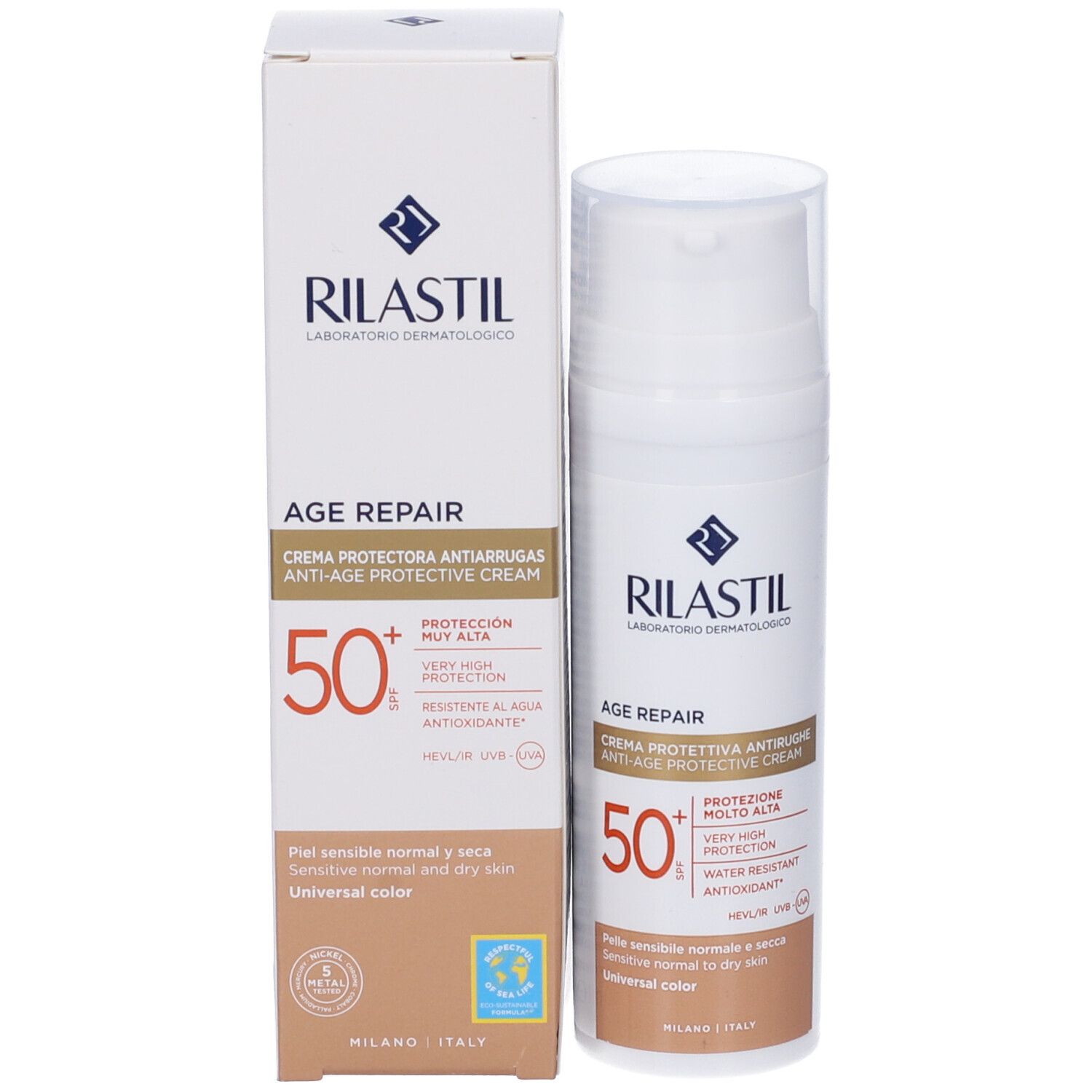 Rilastil Age Repair Sonnencreme SPF50+ und Verpackung. Weiße Flasche und Karton.