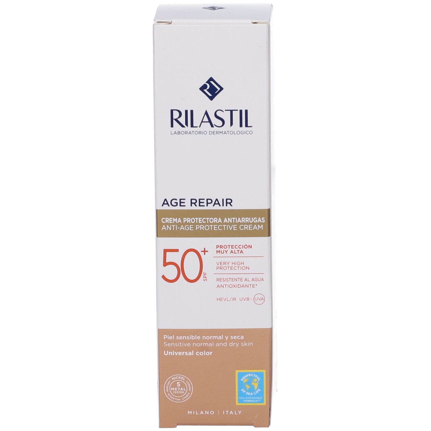 Rilastil Age Repair Sonnencreme SPF50+ Verpackung. Weißer Karton mit Text und Logo.