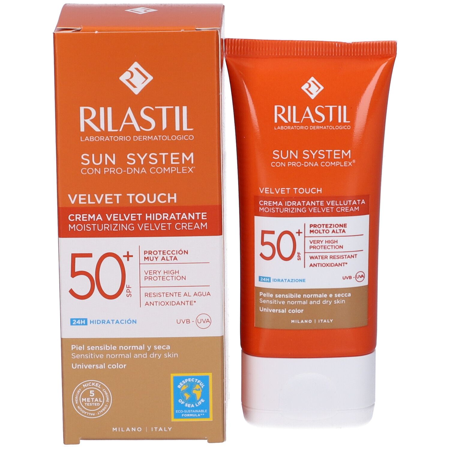 Sonnencreme-Tube und -Verpackung. Orangefarben, mit SPF 50+. Für empfindliche Haut.