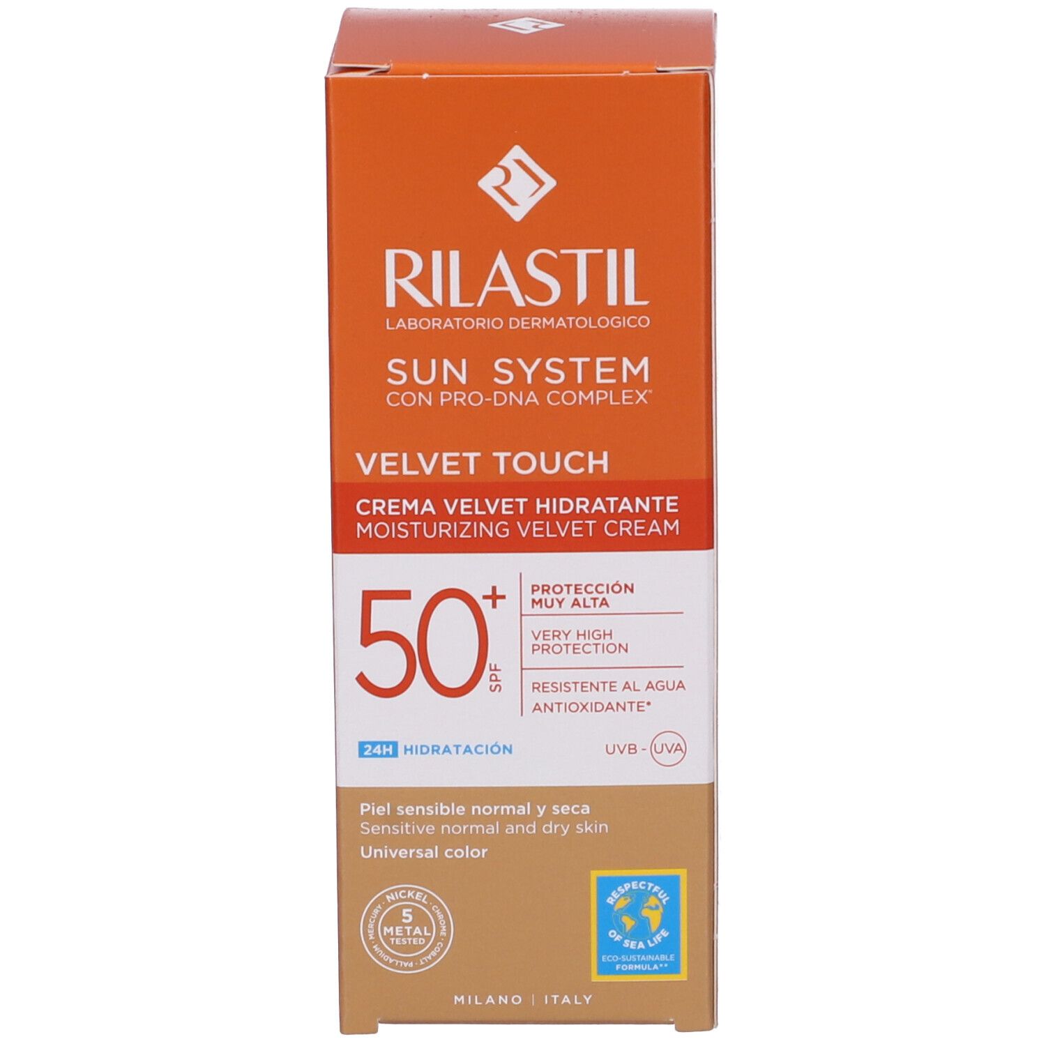 Sonnencreme-Verpackung, orangefarben, mit SPF 50+. Für empfindliche Haut.