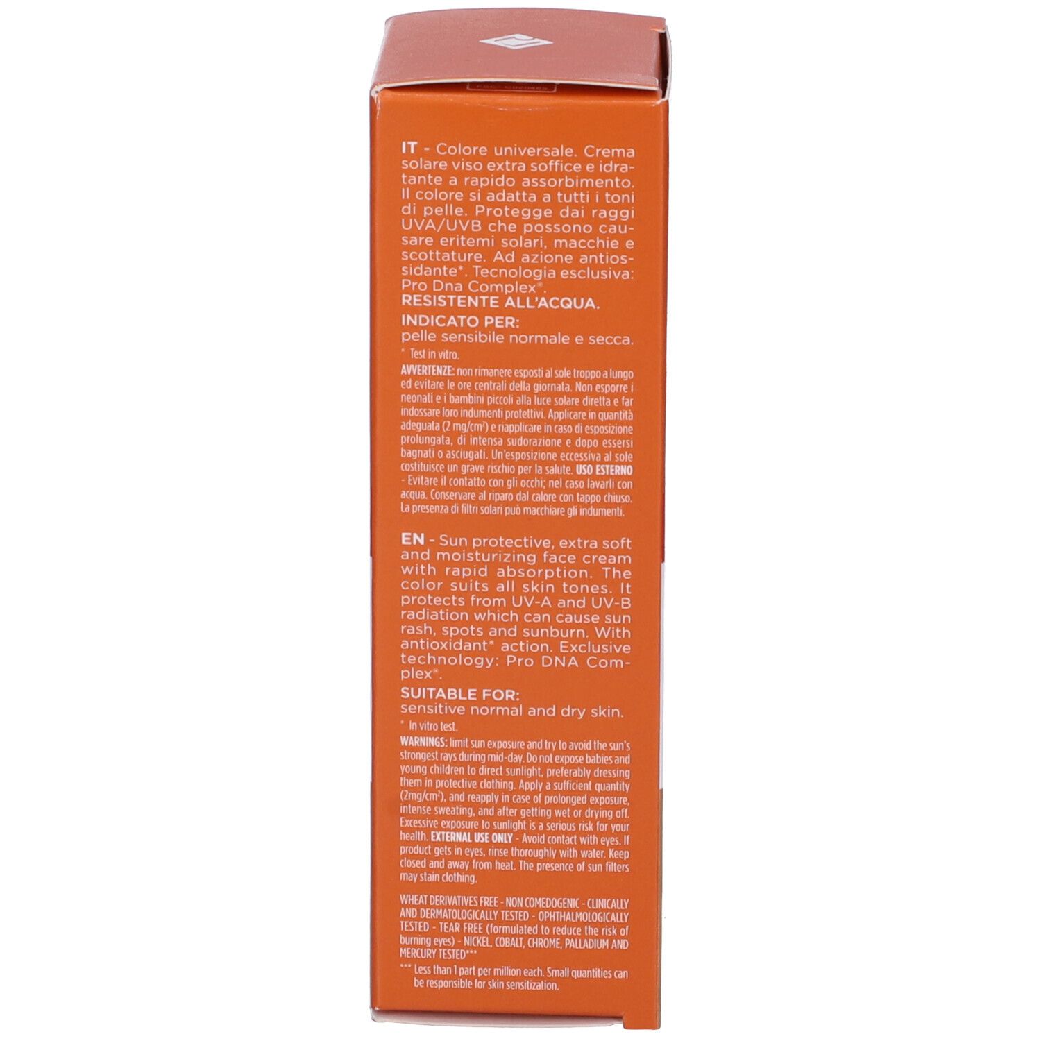 Sonnencreme-Verpackung, Rückseite. Text in verschiedenen Sprachen, u.a. zur Anwendung.