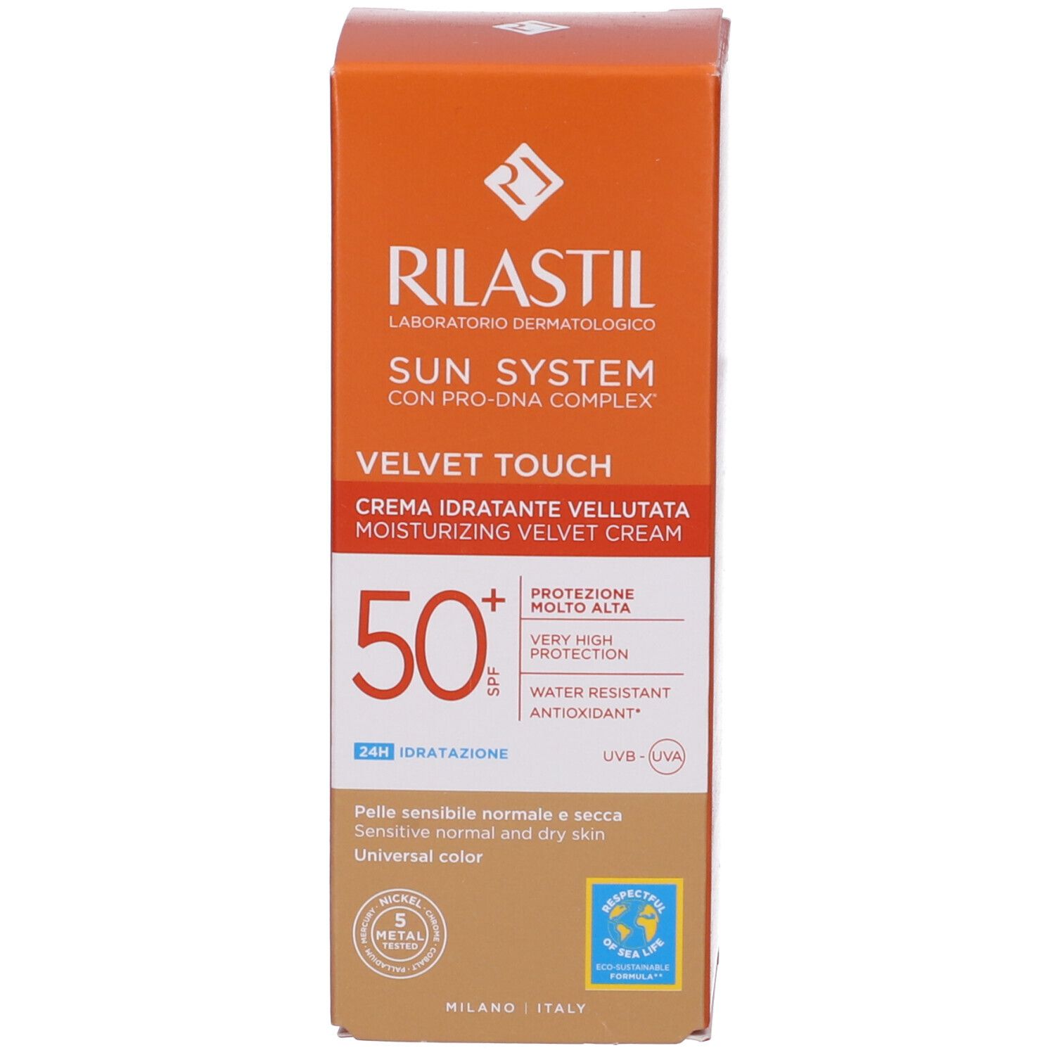 Sonnencreme-Verpackung, Vorderseite. Orangefarben, mit SPF 50+. Für empfindliche Haut.