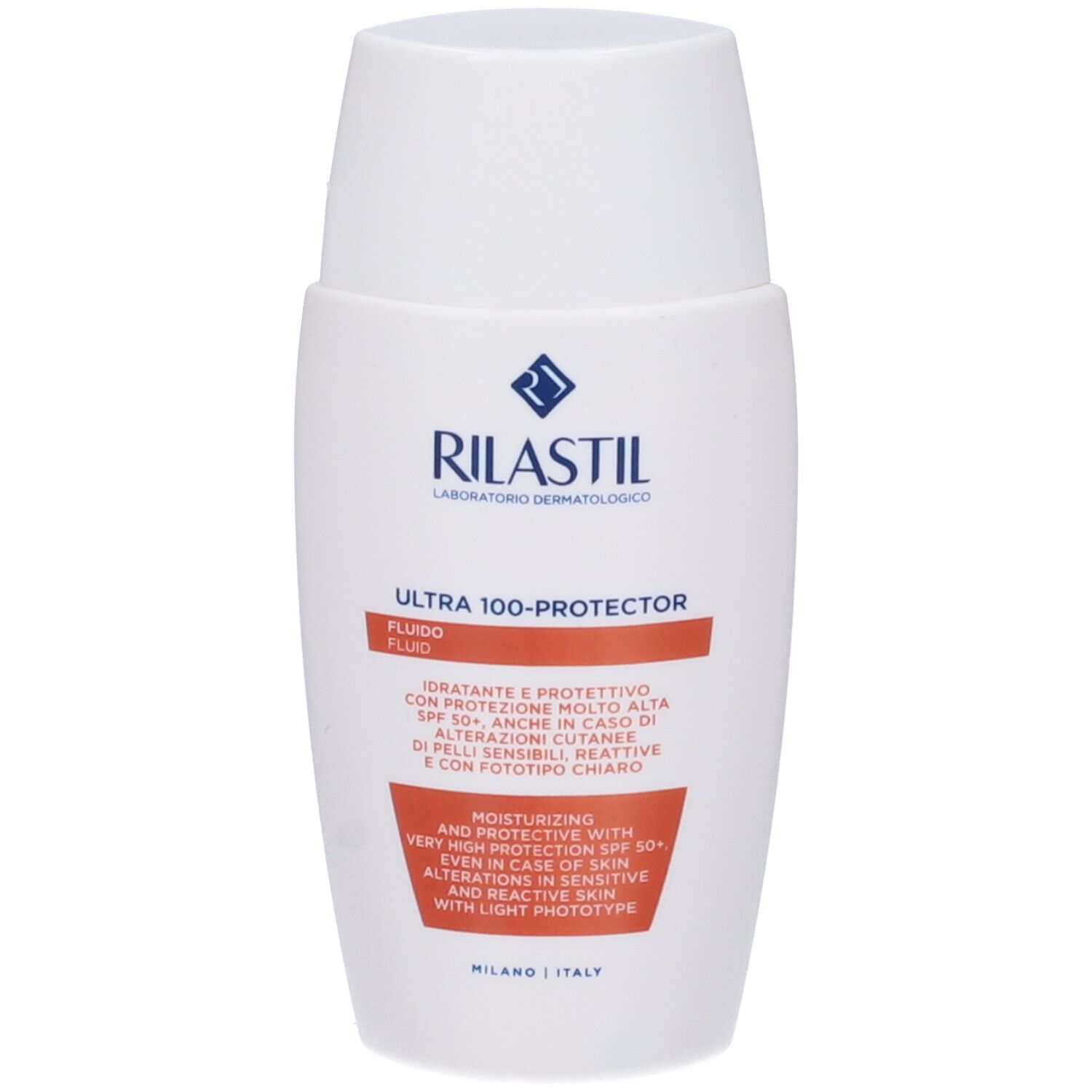 Flacone bianco con testo rosso. Rilastil Ultra 100 Protector Fluido. Laboratorio dermatologico.