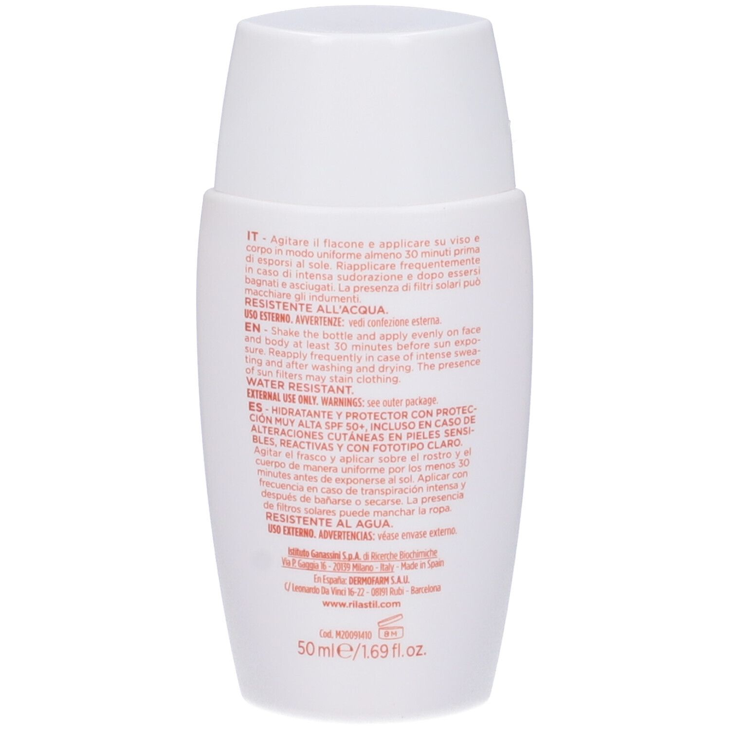 Retro del flacone bianco. Testo multilingue. Resistente all'acqua. 50 ml.