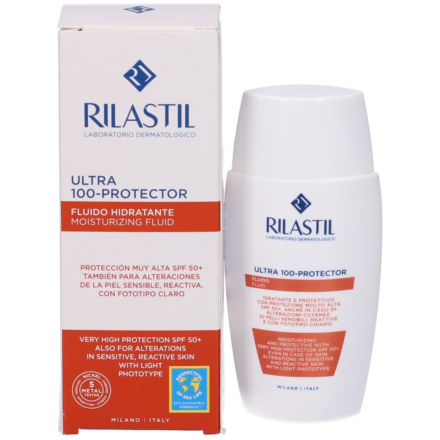 Confezione e flacone del prodotto. Rilastil Ultra 100 Protector Fluido. Confezione bianca con testo rosso.