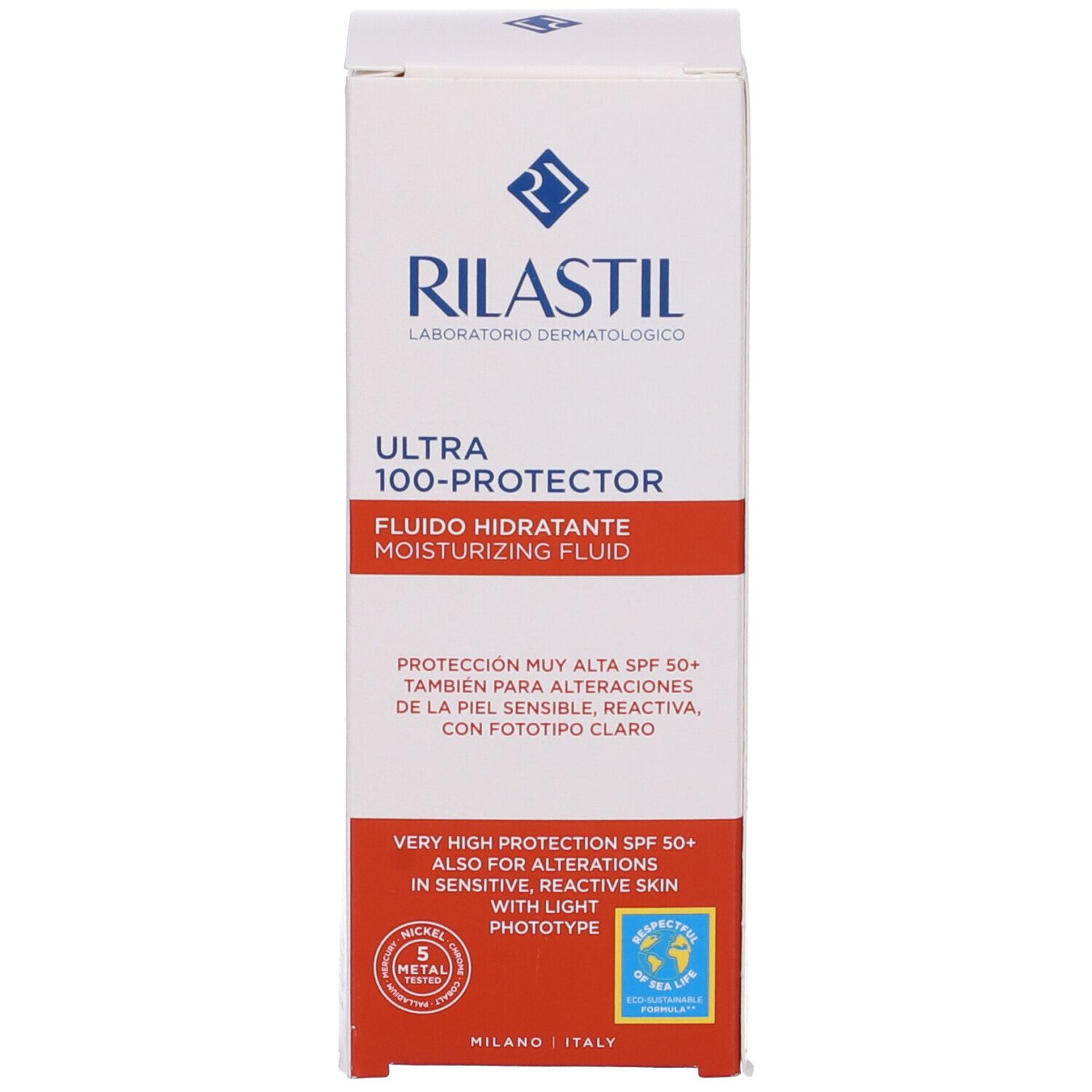 Confezione del prodotto. Rilastil Ultra 100 Protector Fluido. Confezione bianca con testo rosso.