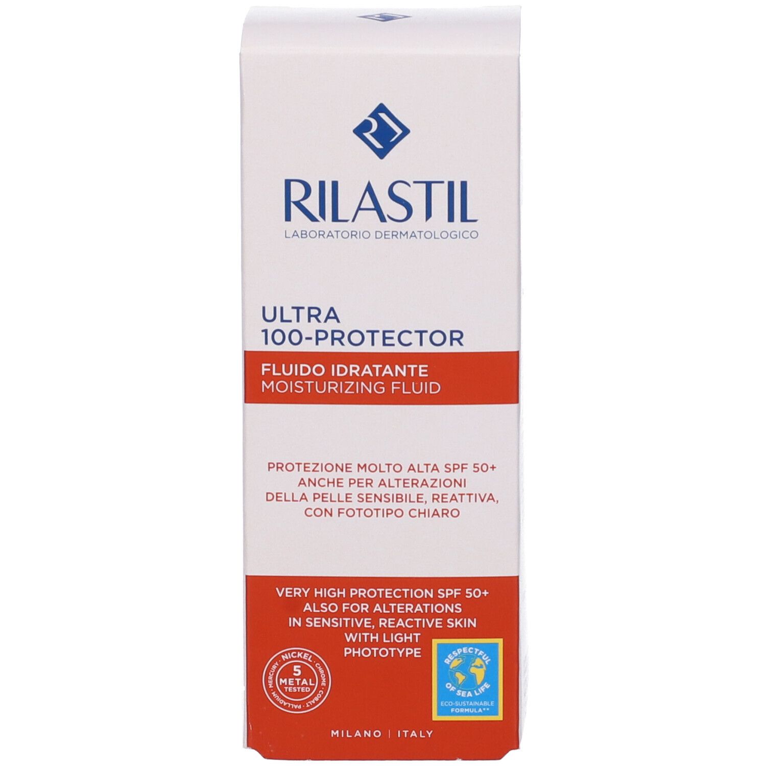 Confezione del prodotto. Rilastil Ultra 100 Protector Fluido. Confezione bianca con testo rosso.
