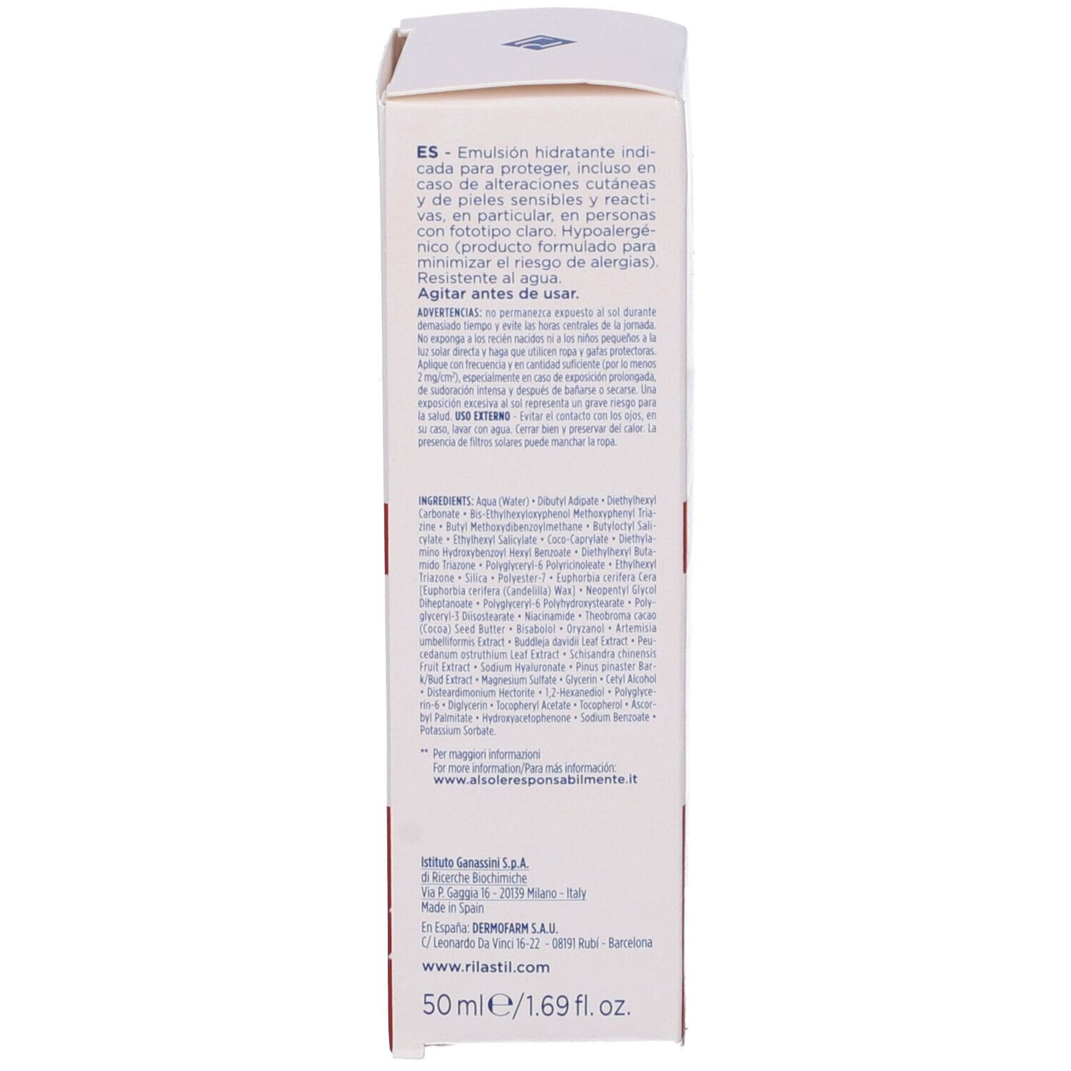 Lato della confezione del prodotto. Ingredienti e testo multilingue. 50 ml.
