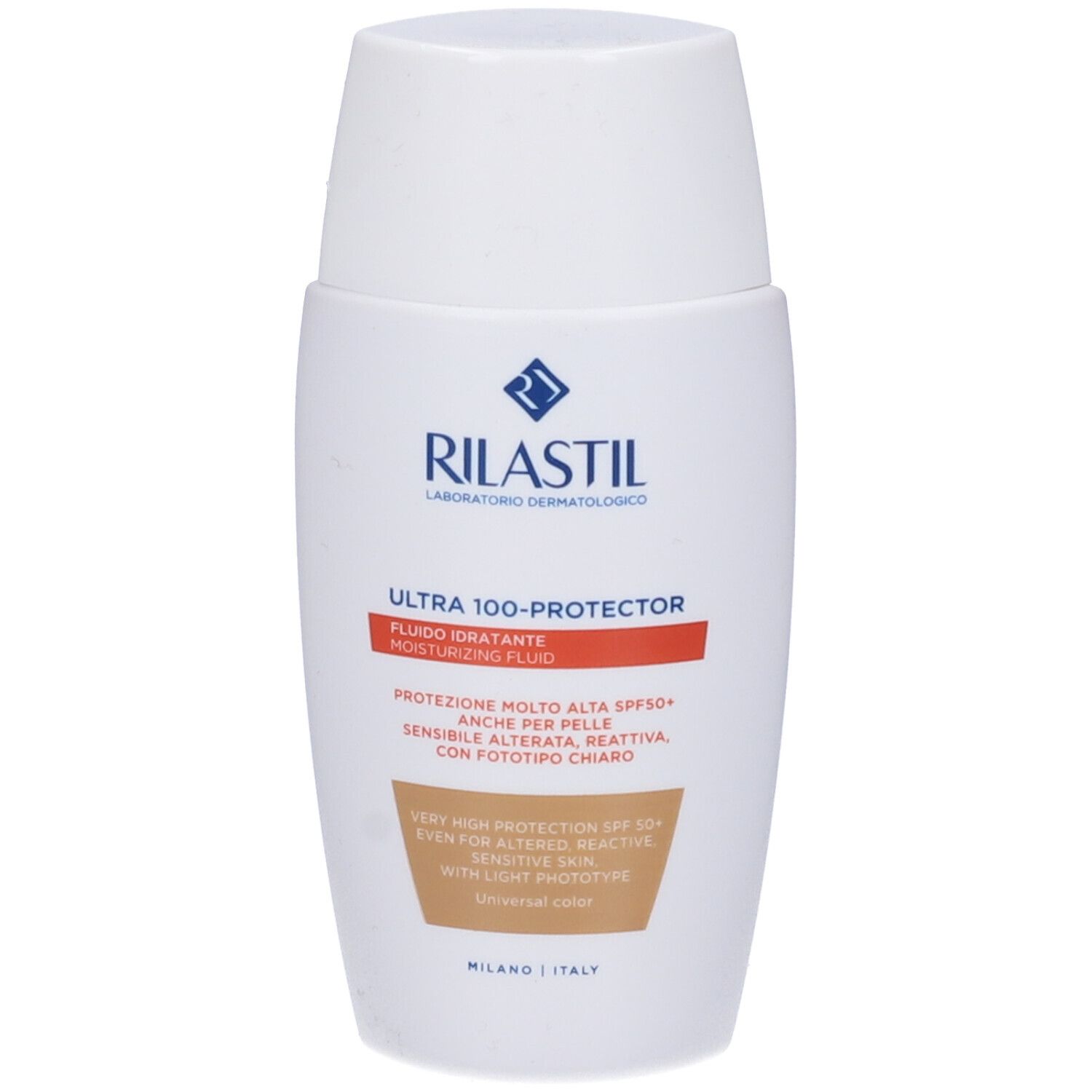 Flacone bianco Rilastil Ultra 100-Protector. Testo: Ultra 100-Protector, Fluido idratante, SPF50+. Protezione solare.