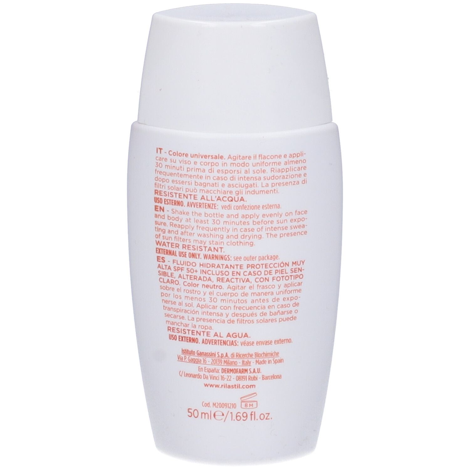 Retro del flacone bianco. Testo: istruzioni multilingue. Resistente all'acqua. 50ml/1.69 fl oz.