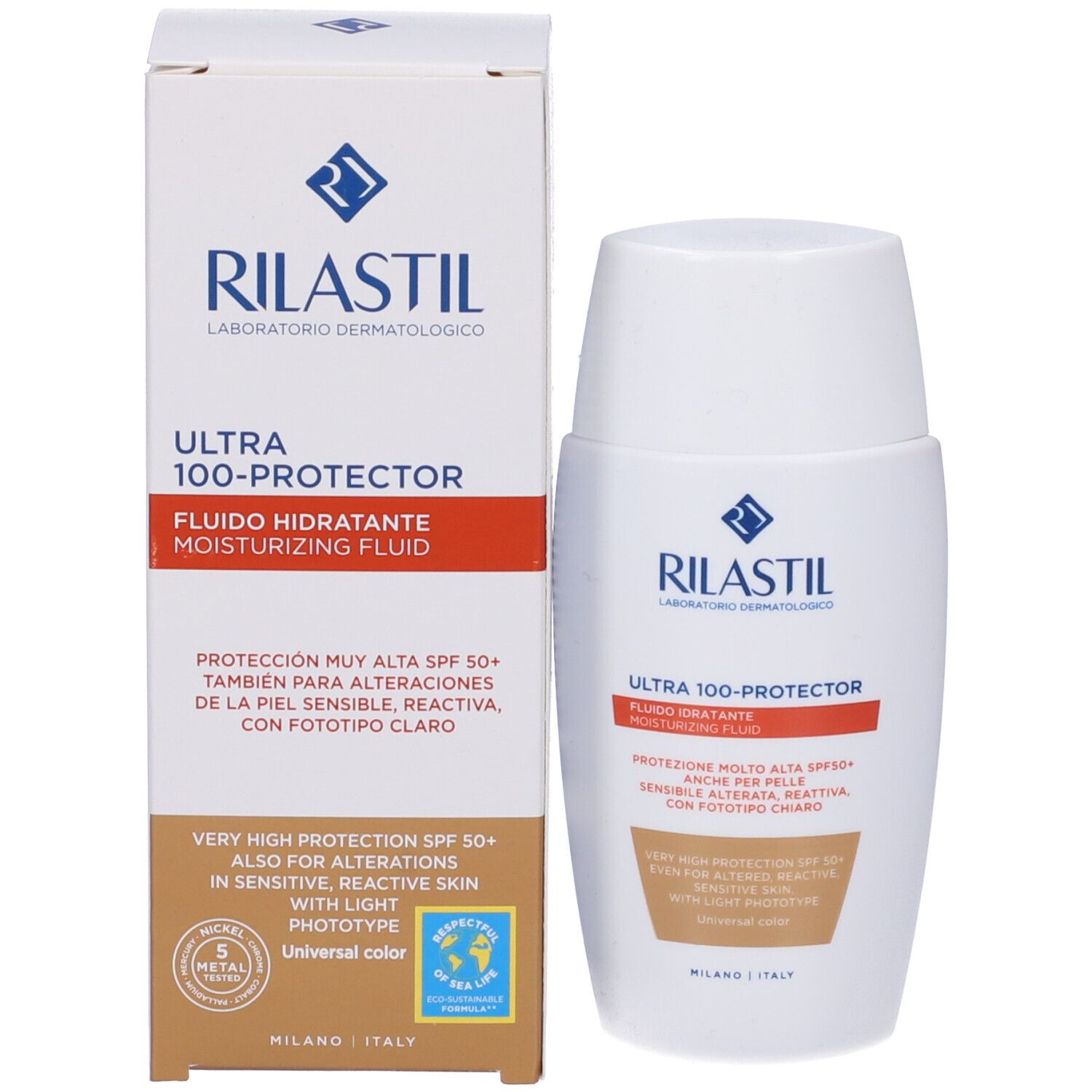 Confezione e flacone. Confezione: Rilastil Ultra 100-Protector. Testo: Fluido idratante, SPF50+.