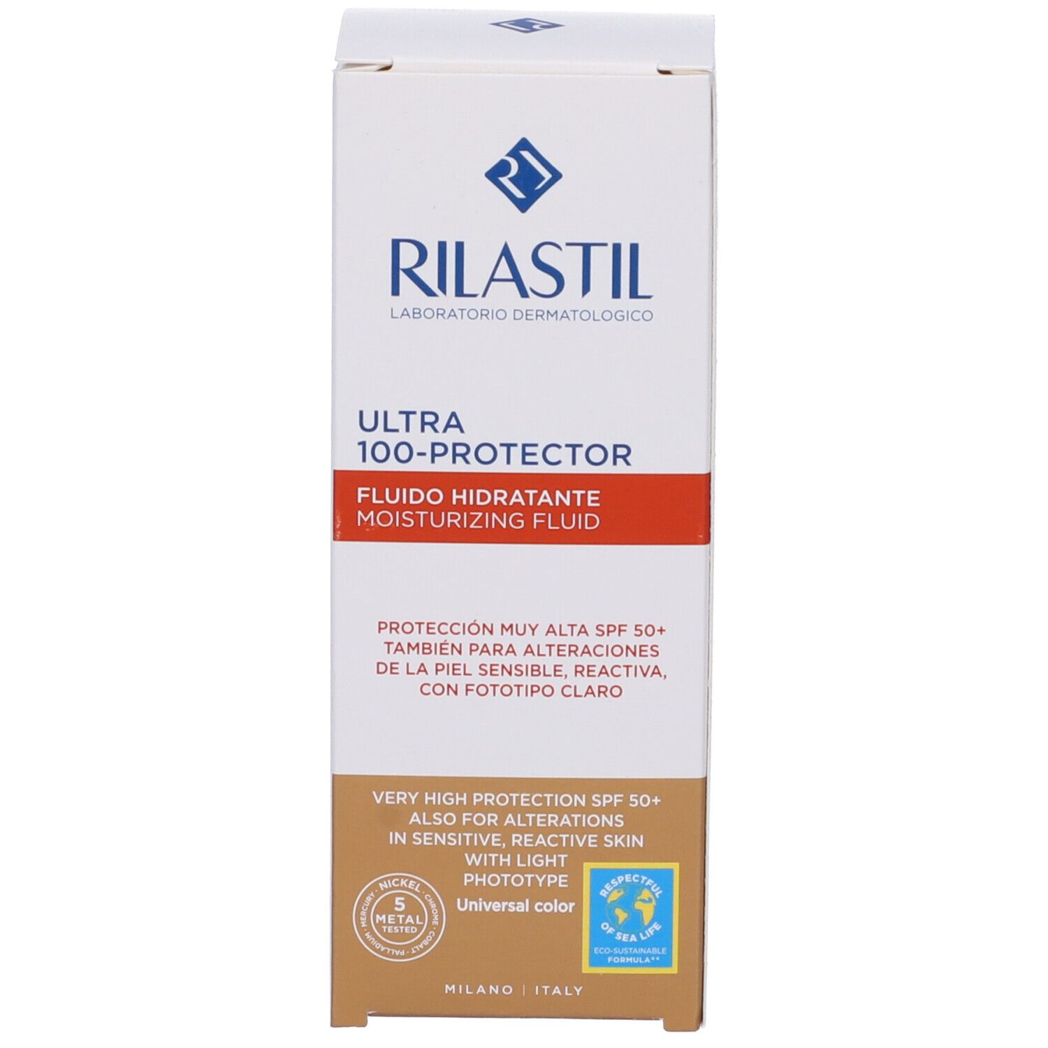 Confezione del prodotto. Rilastil Ultra 100-Protector. Testo: Fluido idratante, SPF50+. Certificazioni.