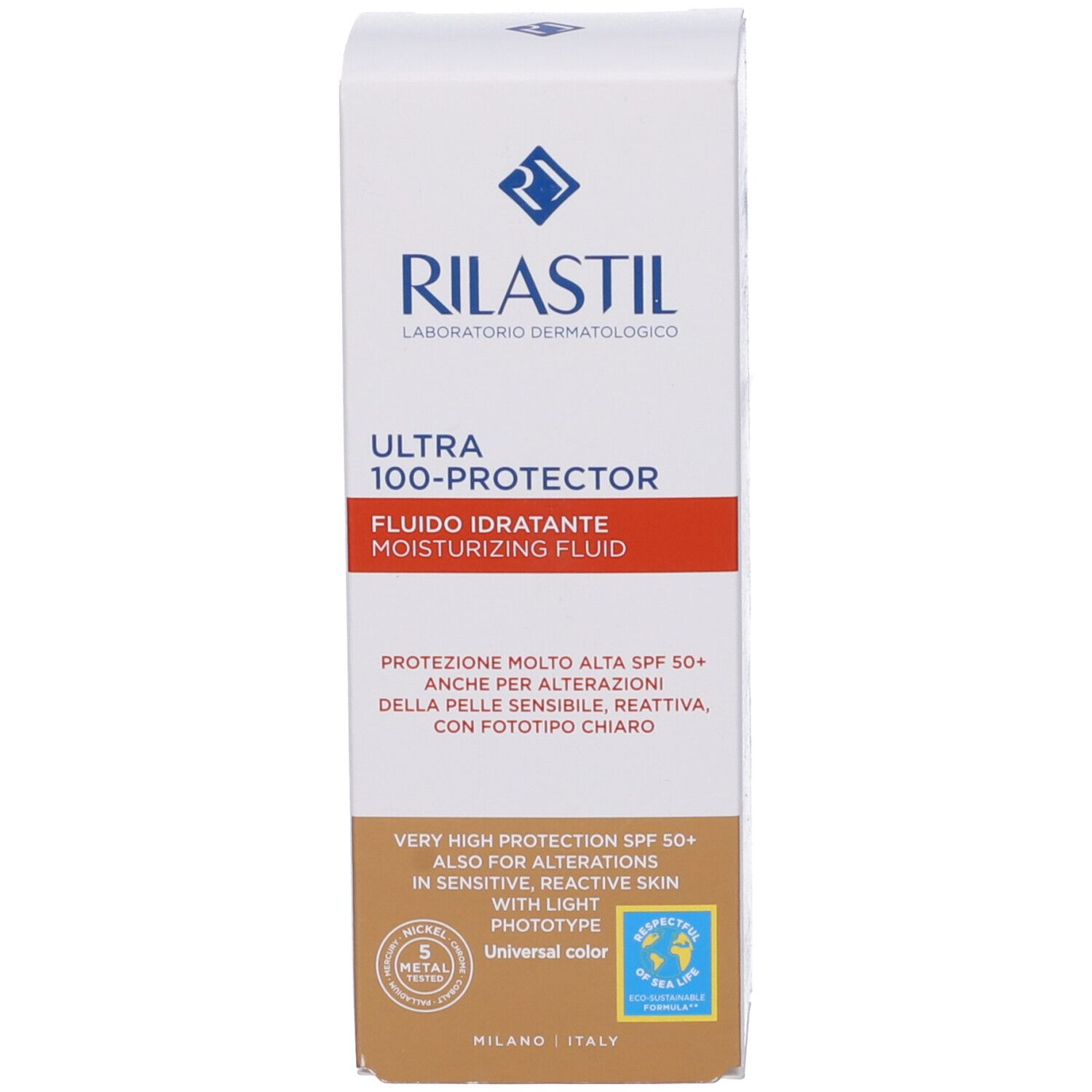 Confezione del prodotto. Rilastil Ultra 100-Protector. Testo: Fluido idratante, SPF50+. Certificazioni.