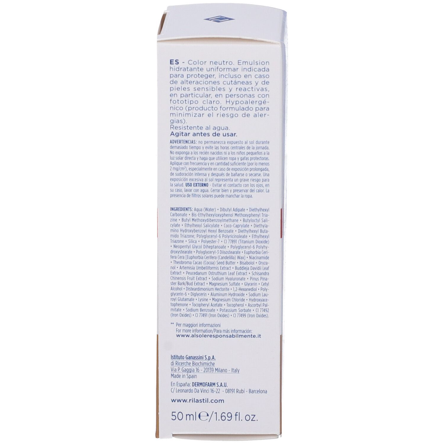 Retro della confezione. Testo: ingredienti, istruzioni per l'uso. 50ml/1.69 fl oz.