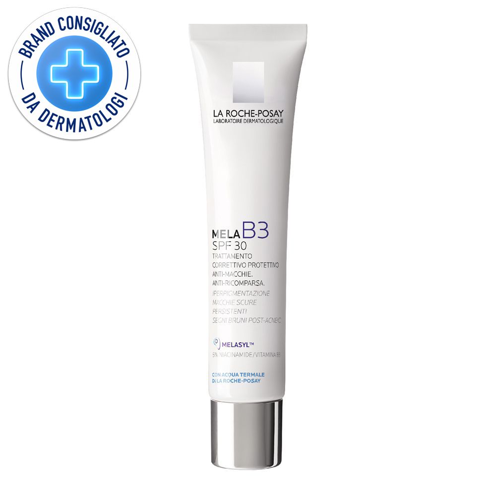 Tubo bianco La Roche-Posay Mela B3 SPF30. Logo e testo visibili. Sigillo 'Brand Consigliato da Dermatologi'.