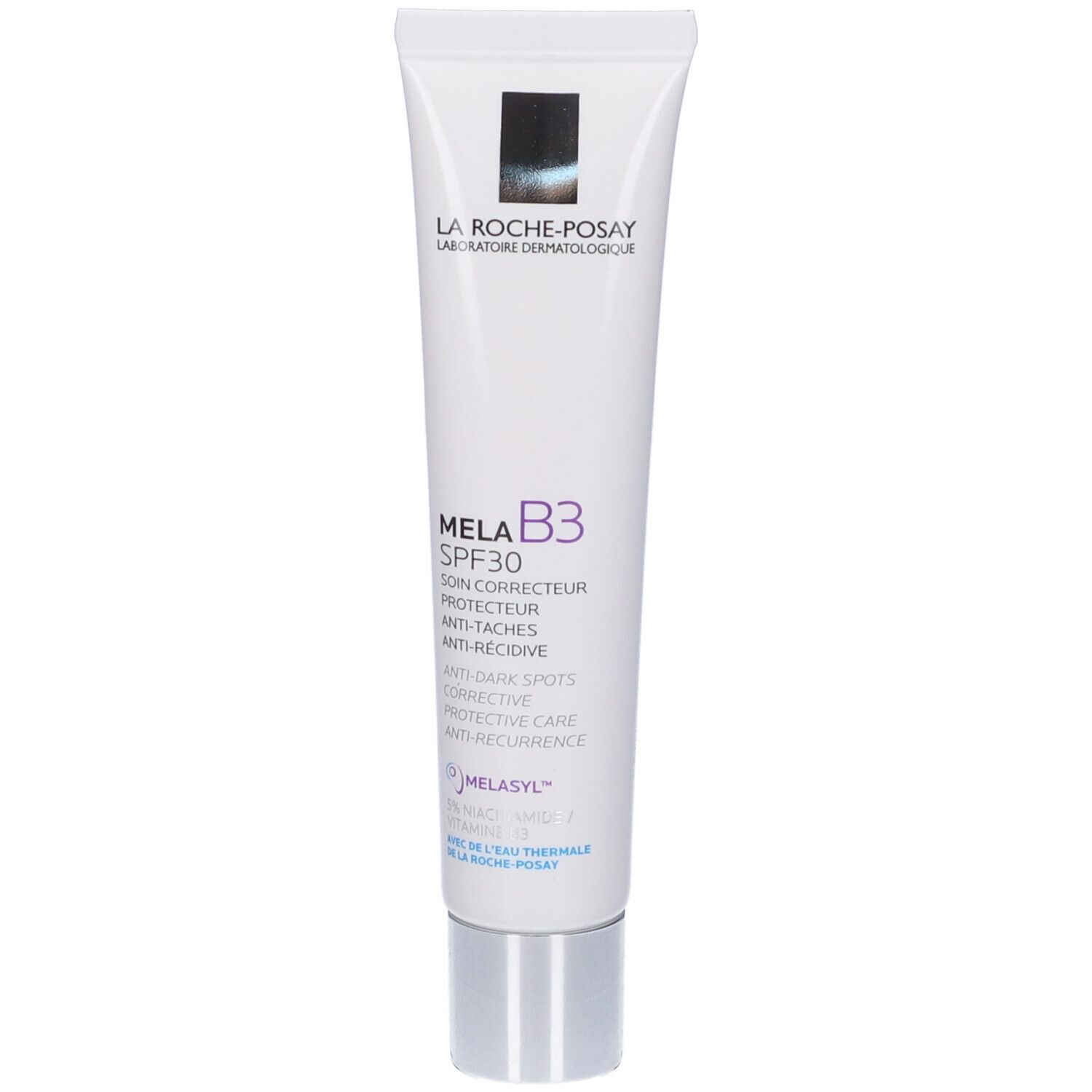 Tubo bianco La Roche-Posay Mela B3 SPF30. Testo sul tubo. Tappo argentato.