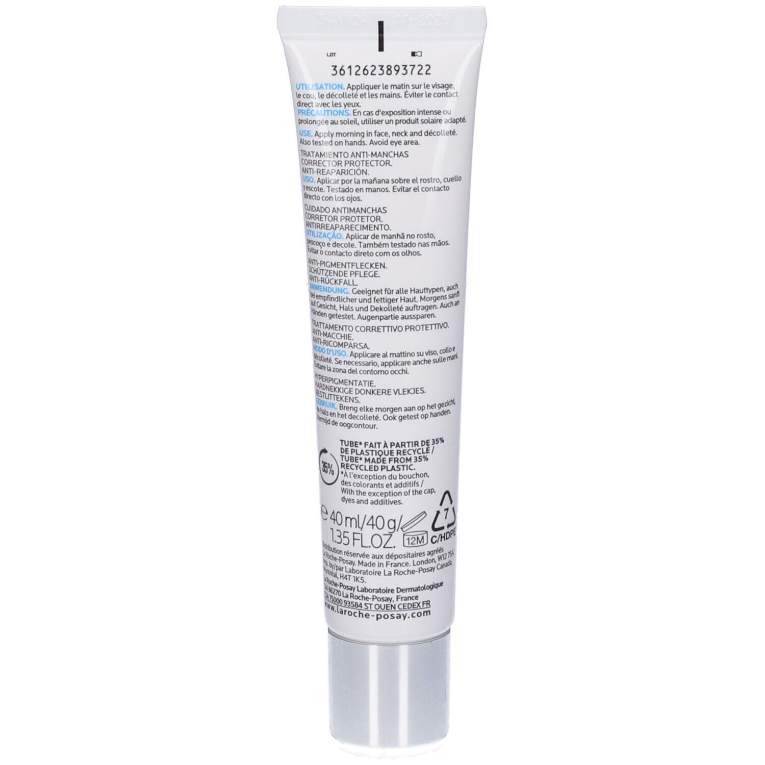 Retro del tubo La Roche-Posay Mela B3 SPF30. Testo multilingue. Tappo argentato.
