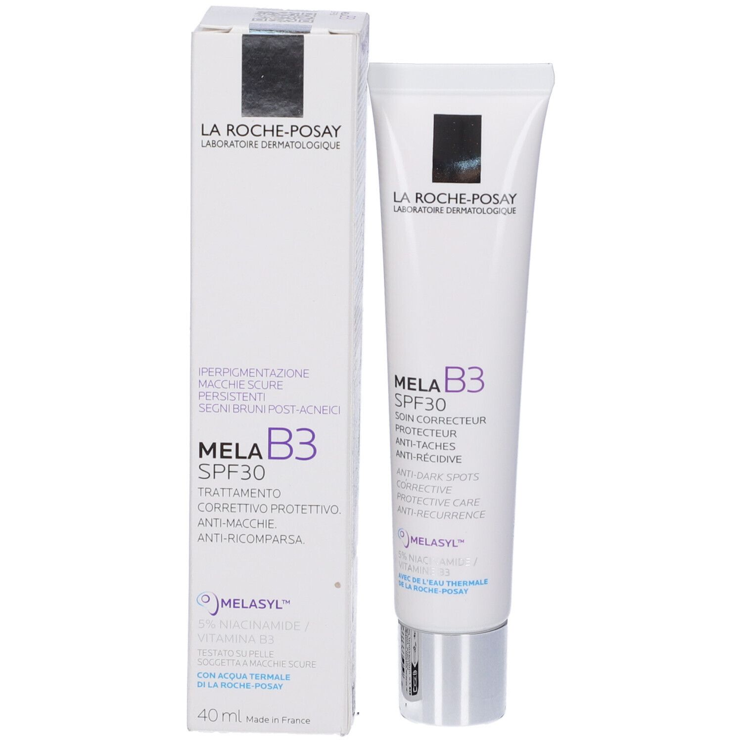 Crema La Roche-Posay Mela B3 SPF30 e confezione. Testo e logo visibili.