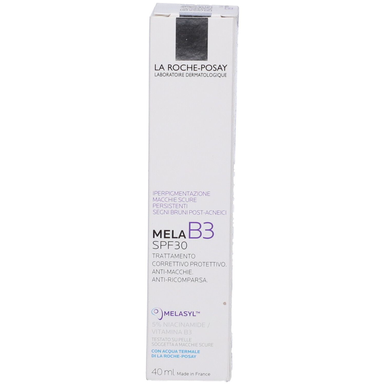Confezione La Roche-Posay Mela B3 SPF30. Testo e logo visibili. Bianco e grigio.