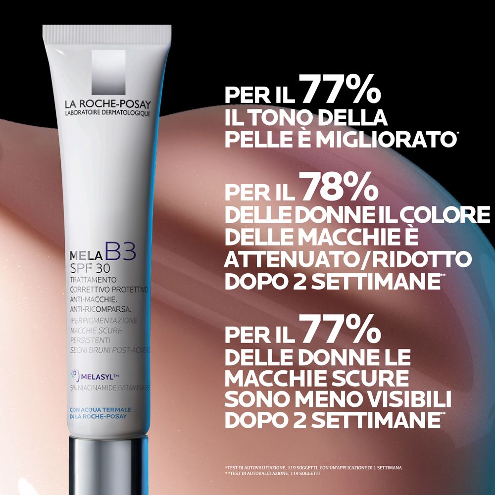 Tubo bianco La Roche-Posay Mela B3 SPF30. Testo e grafici con percentuali. Sfondo con tonalità della pelle.