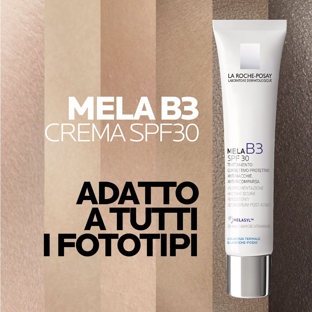Tubo bianco La Roche-Posay Mela B3 SPF30. Testo e sfondo con tonalità della pelle. Testo: 'Adatto a tutti i fototipi'.