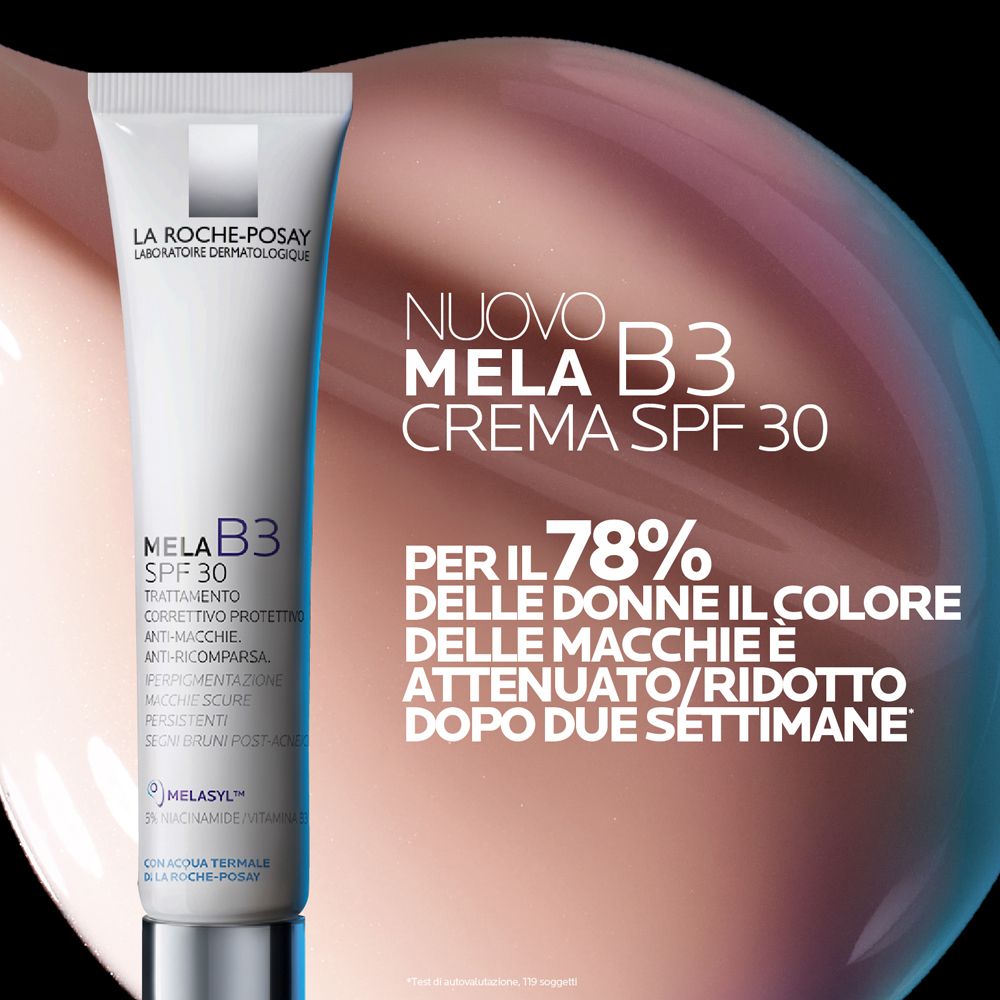 Tubo bianco La Roche-Posay Mela B3 SPF30. Testo e grafici. Sfondo con sfumature di colore.