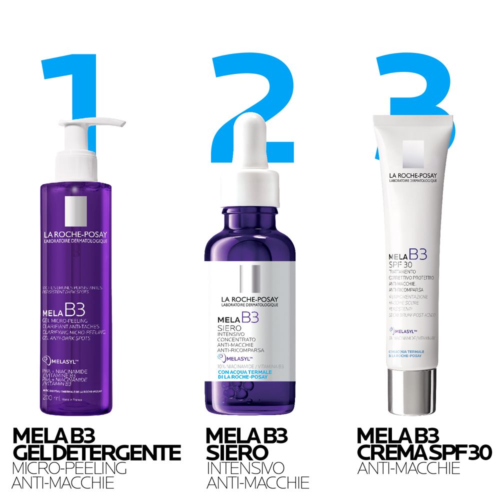 Tre prodotti affiancati: Mela B3 Gel, Siero e Crema SPF30. Tutti in viola e bianco.