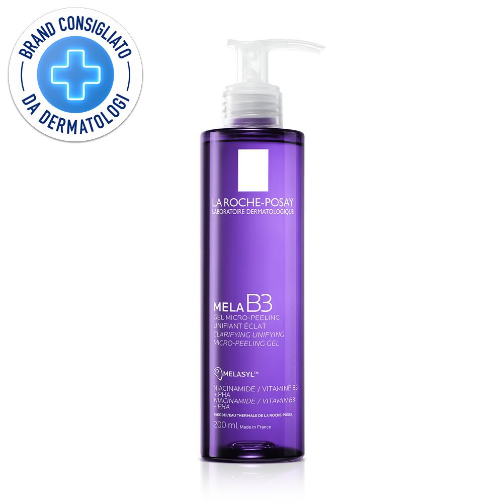 La Roche-Posay Mela B3 Gel. Flacone viola con dosatore. Logo dermatologi.