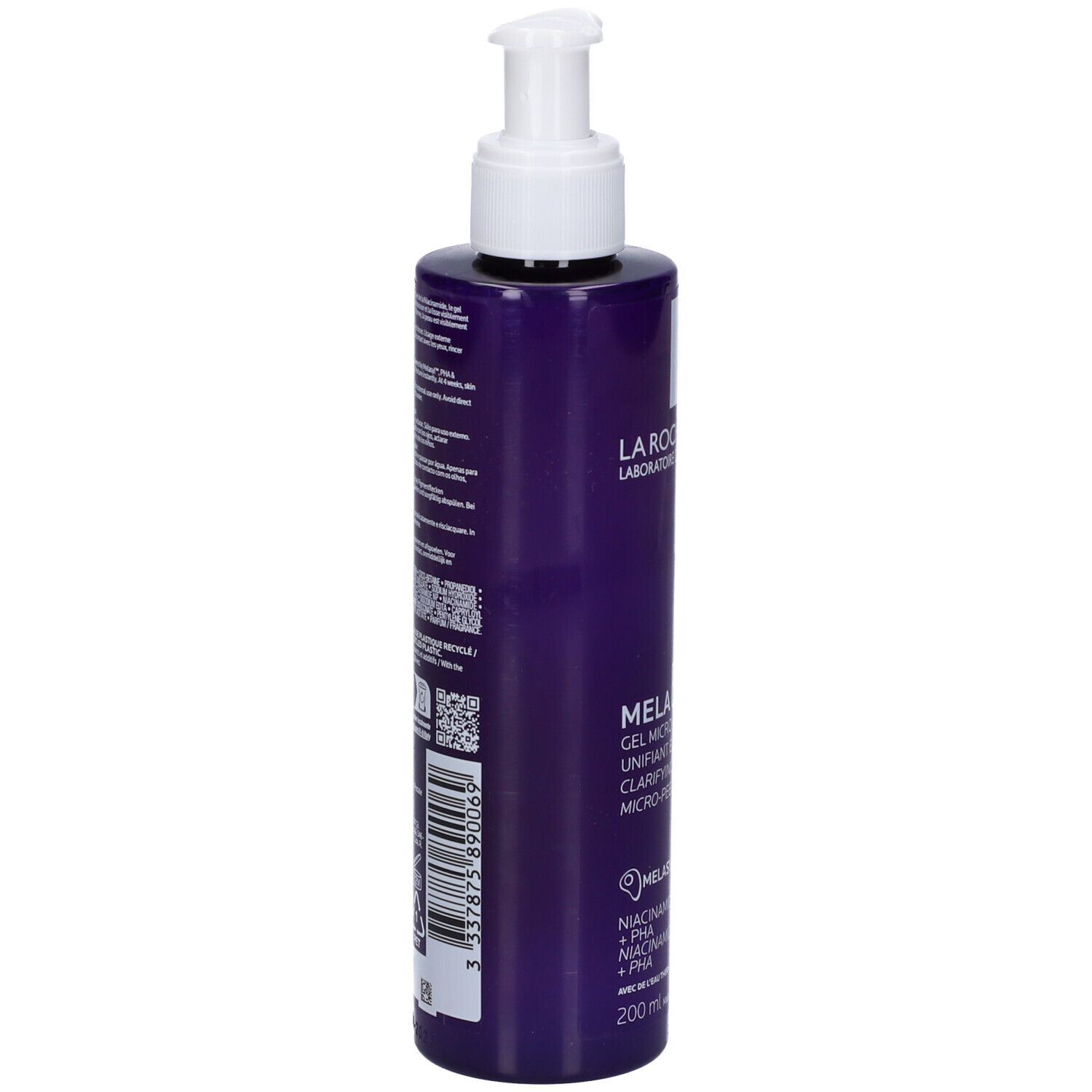 Retro del flacone La Roche-Posay Mela B3 Gel. Testo e codice a barre.