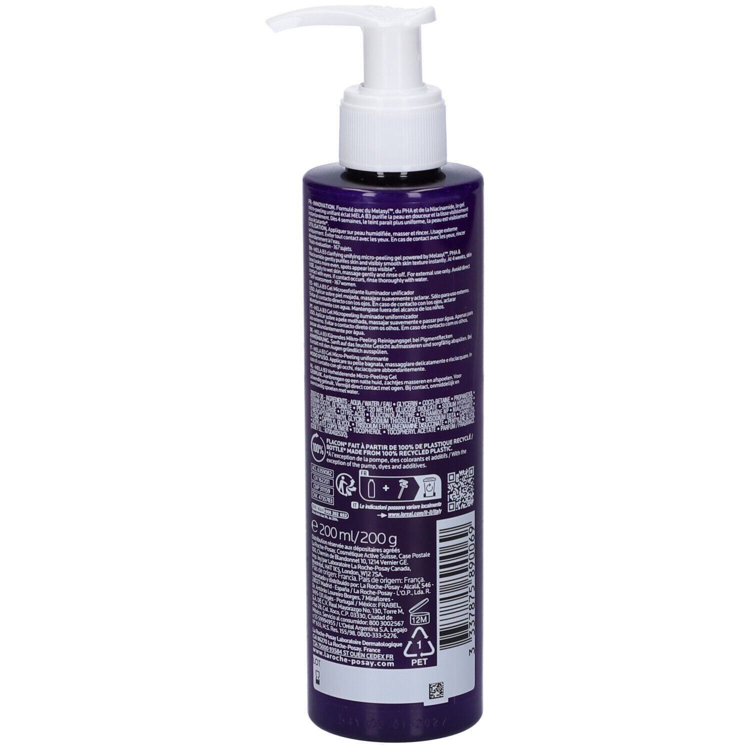 Retro del flacone La Roche-Posay Mela B3 Gel. Testo e simboli.