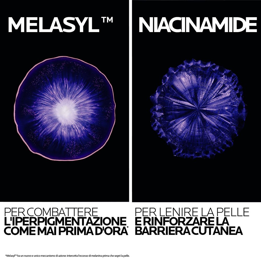 Grafica con Melasyl e Niacinamide. Sfondo nero.