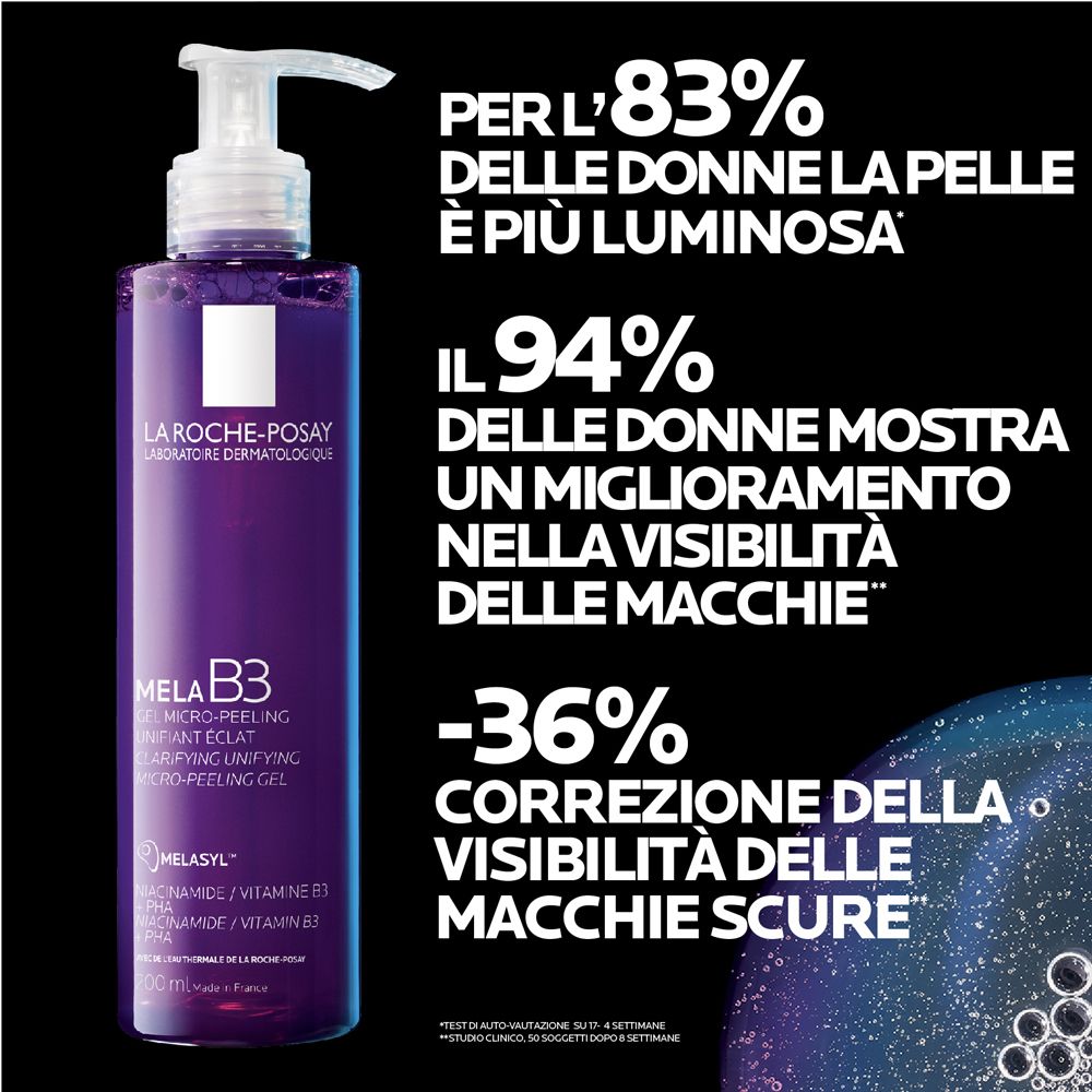 La Roche-Posay Mela B3 Gel. Testo con percentuali. Sfondo nero.