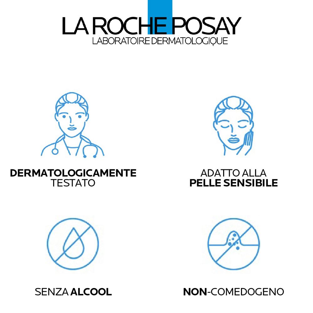 Logo La Roche-Posay. Simboli: dermatologicamente testato, pelle sensibile, senza alcool, non comedogenico.