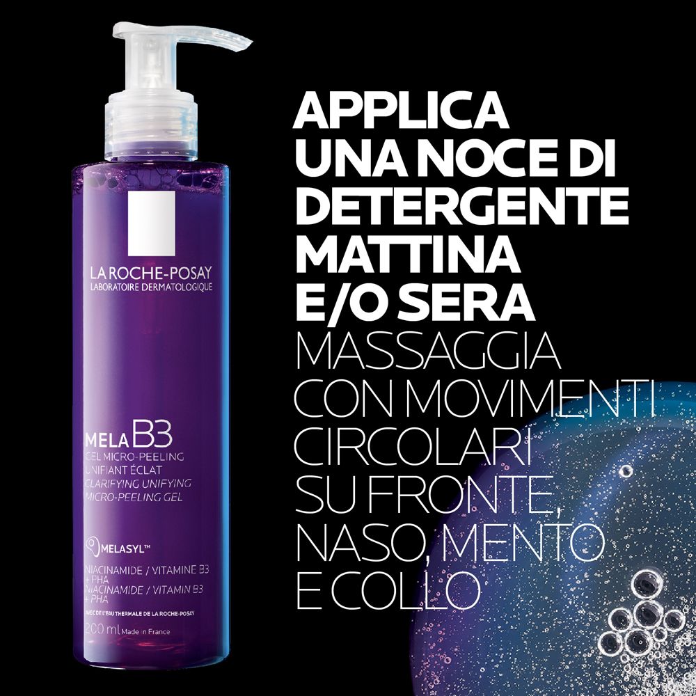 La Roche-Posay Mela B3 Gel. Testo: Applicare mattina e/o sera. Sfondo nero.