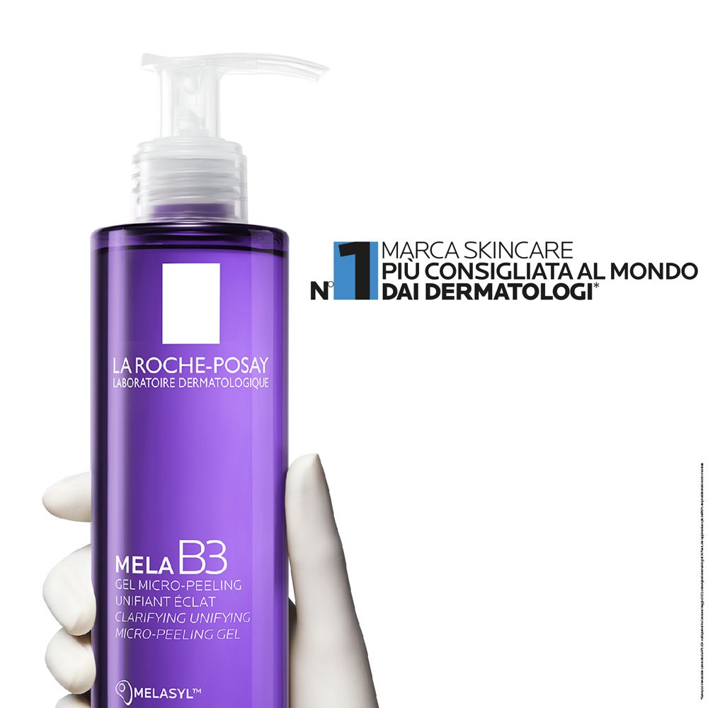 La Roche-Posay Mela B3 Gel. Mano tiene il flacone. Testo: marchio più raccomandato.