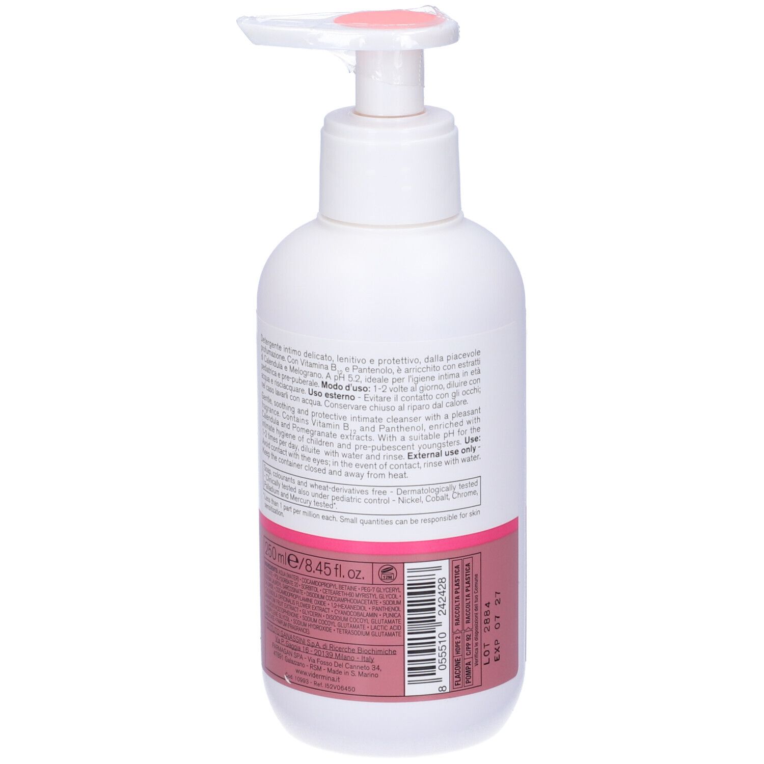 Weißer Spender, Rückseite mit Text und rosa Etikett. Pumpe mit rosa Deckel. Haltbarkeitsdatum: EXP 07 27.